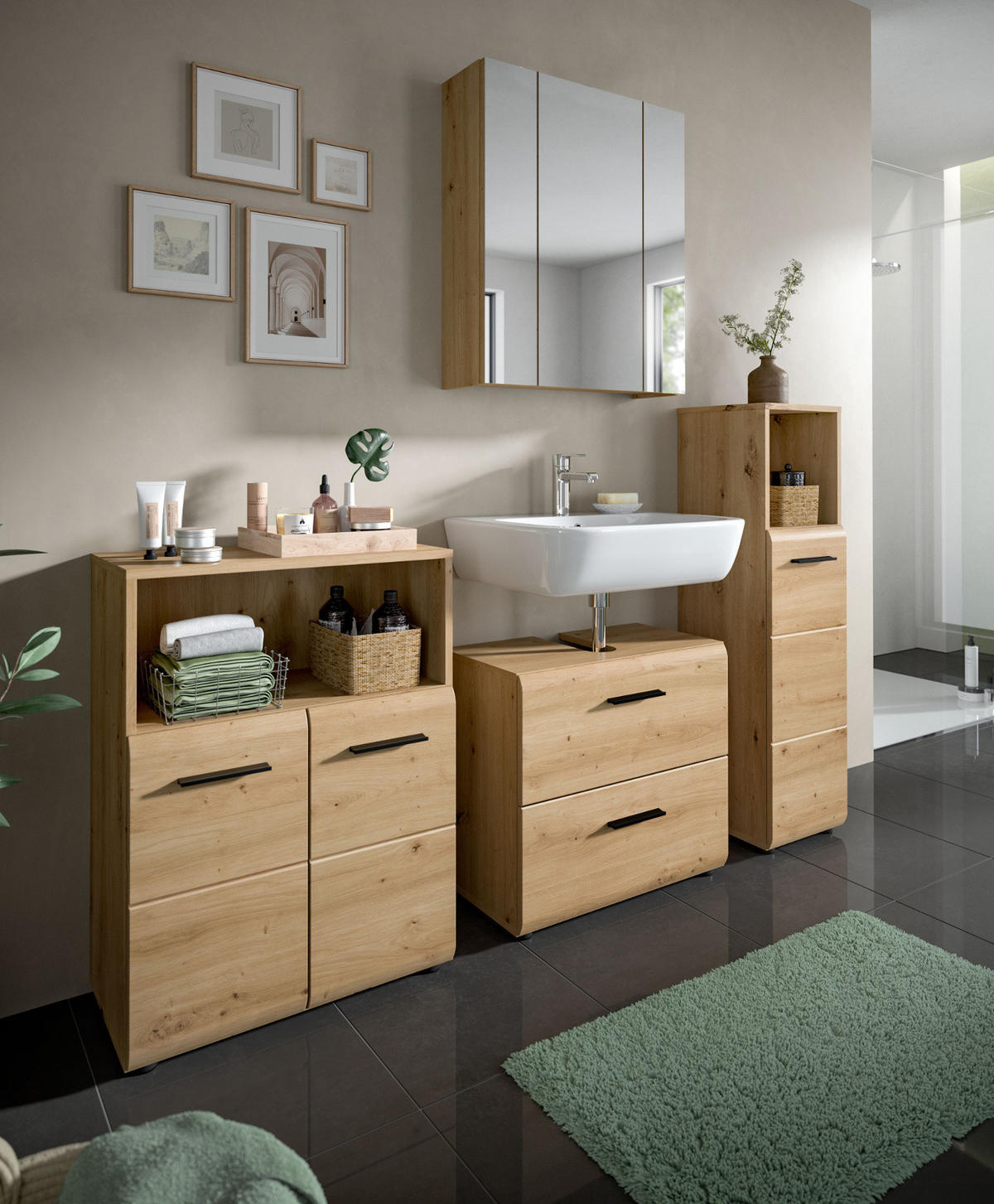 BADKOMMODE Set Eiche Artisan, 2x Badkommode 60 x 80 cm, Cover - Schwarz/Eiche Artisan, Holzwerkstoff/Kunststoff (120/80/30cm) - Inn.Furn