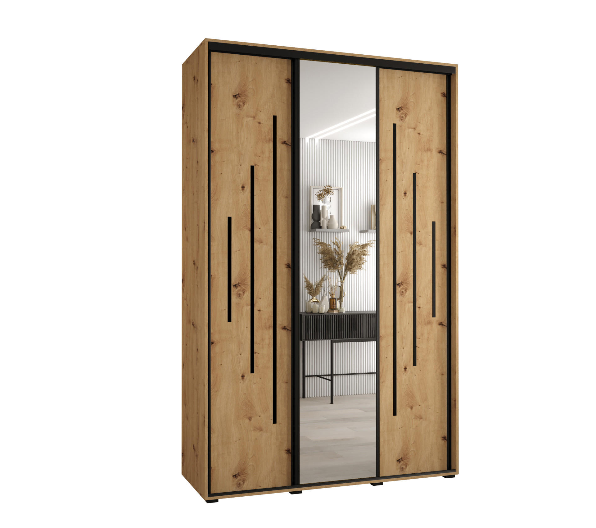 Abiks Möbel Schwebetürenschrank Eiche Artisan, Eiche Artisan, Schwarz 160x235x60 cm