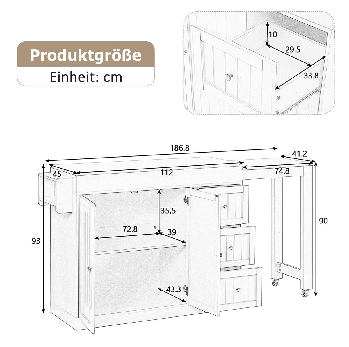 KÜCHENINSEL 112-186,8/45/93 cm aus MDF mit ausziehbarer Arbeitsplatte Schwarz - Schwarz, Holzwerkstoff (130/93/45cm) - Modenvie