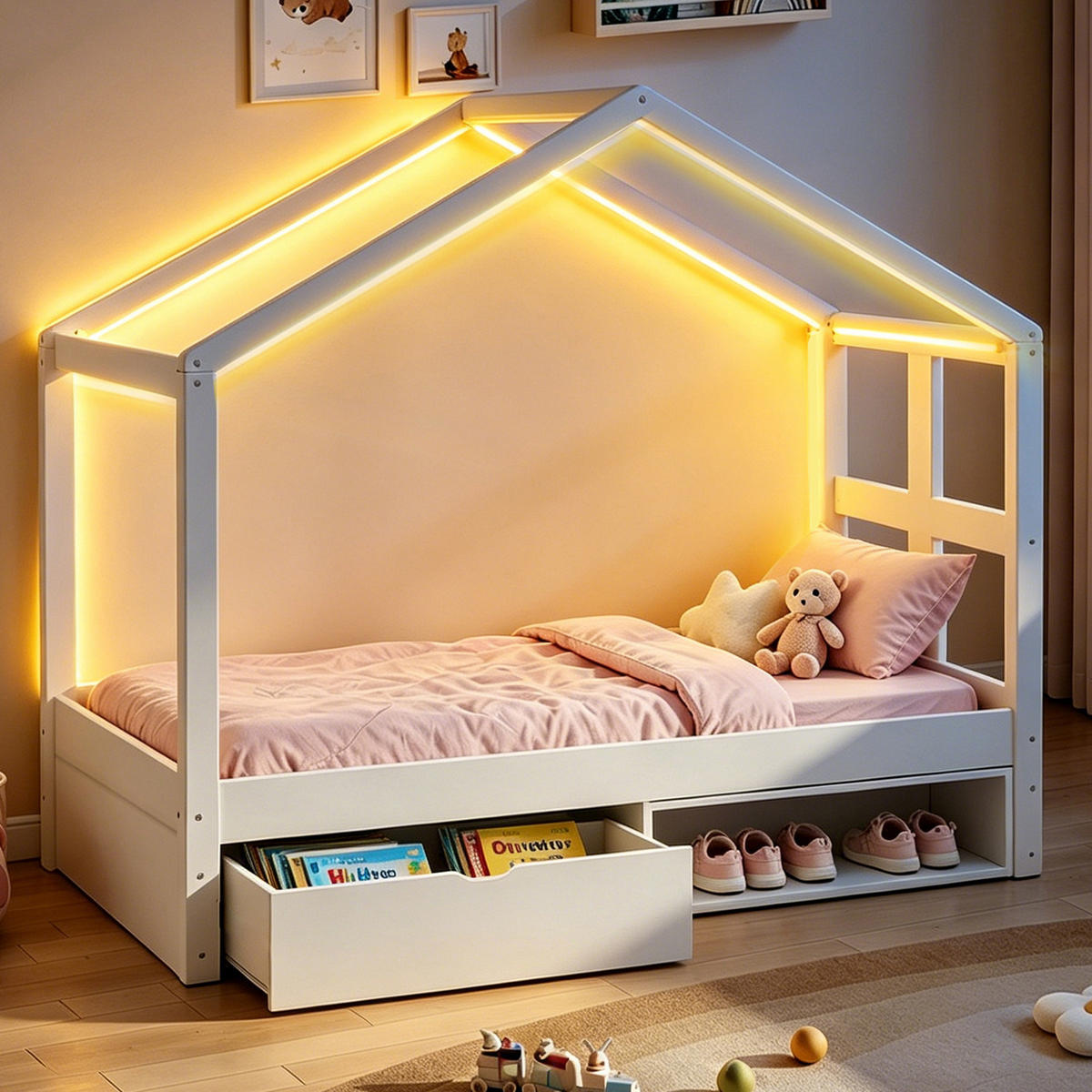 HAUSBETT 90/190 cm in Weiß & Natur mit Schublade, Schuhschrank und LED - Weiß, Holzwerkstoff (90/190cm) - STILVORA