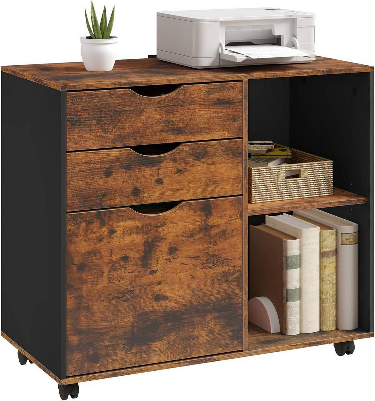 ROLLCONTAINER mit 3 Schubladen,5 Rollen, Rustikales Braun - Dunkelbraun/Schwarz, Holzwerkstoff (80/69.5/39.5cm) - Woltu