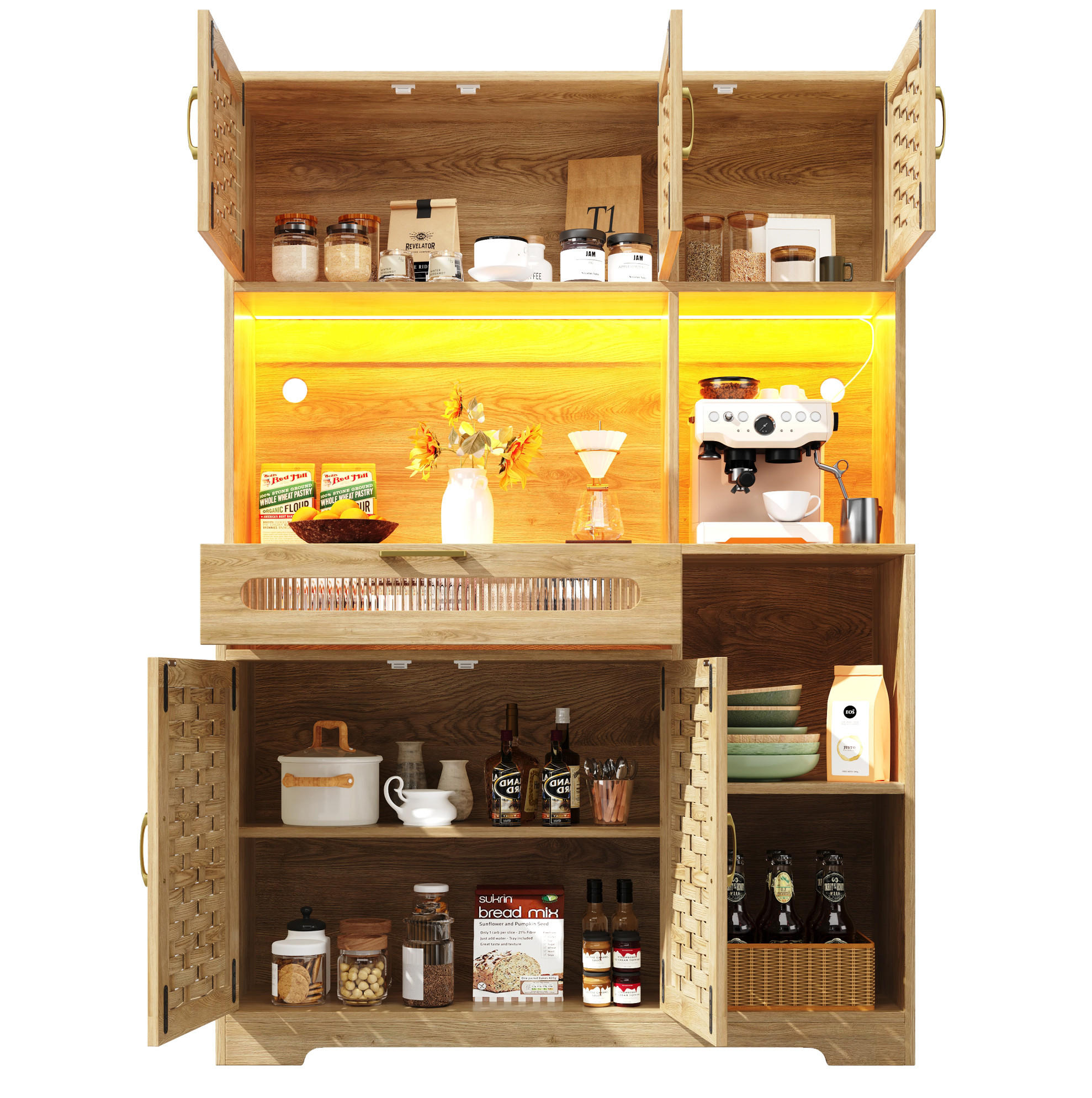ANRICHTE Hochschrank 120/40/180 cm aus MDF Glas und Metall mit LED-Beleuchtung Natur - Naturfarben, Holzwerkstoff (120/180/40cm) - Modenvie