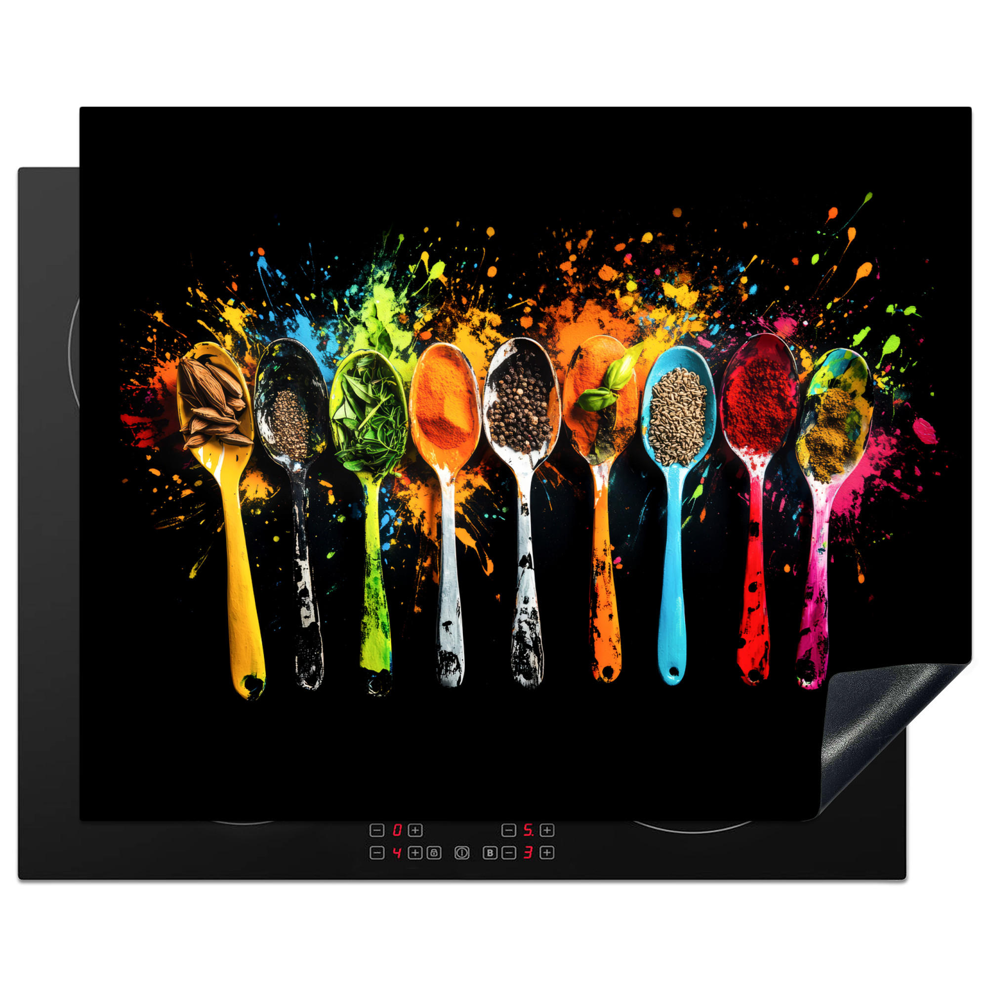 HERDABDECKPLATTE Löffel - Gewürze - Modern - Graffiti - Farbe - Farbenfroh 65x52 cm - Multicolor, Kunststoff (65/0.2/52cm) - MuchoWow