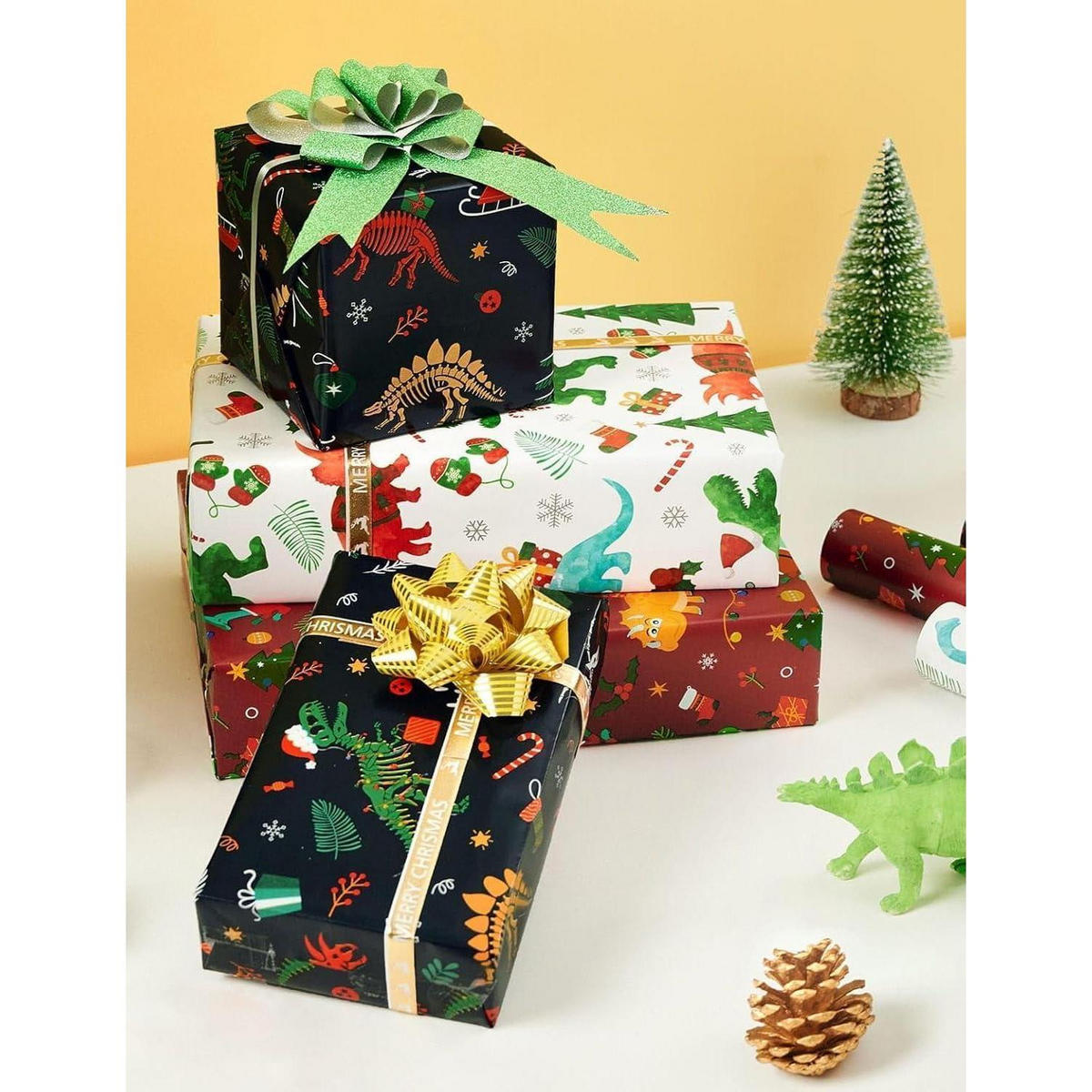 GESCHENKPAPIER 3 Rollen Set Dinosaurier Weihnachten 43 cm x 3 m - Multicolor, Papier (76/3.5/10cm)