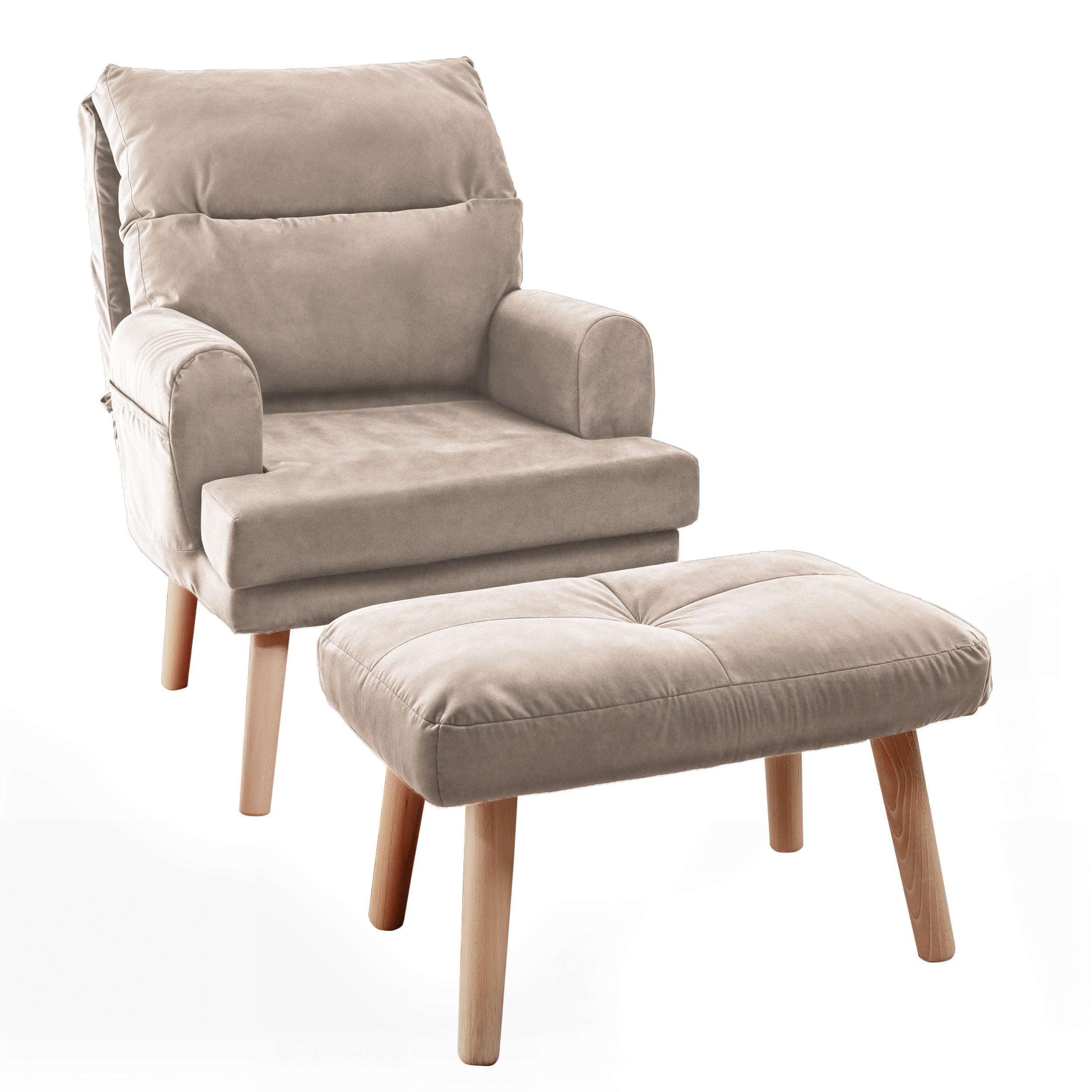 RELAXSESSEL NEMO mit Hocker und Holzfüßen - Beige, Holz (65/95/65cm) - Idohome
