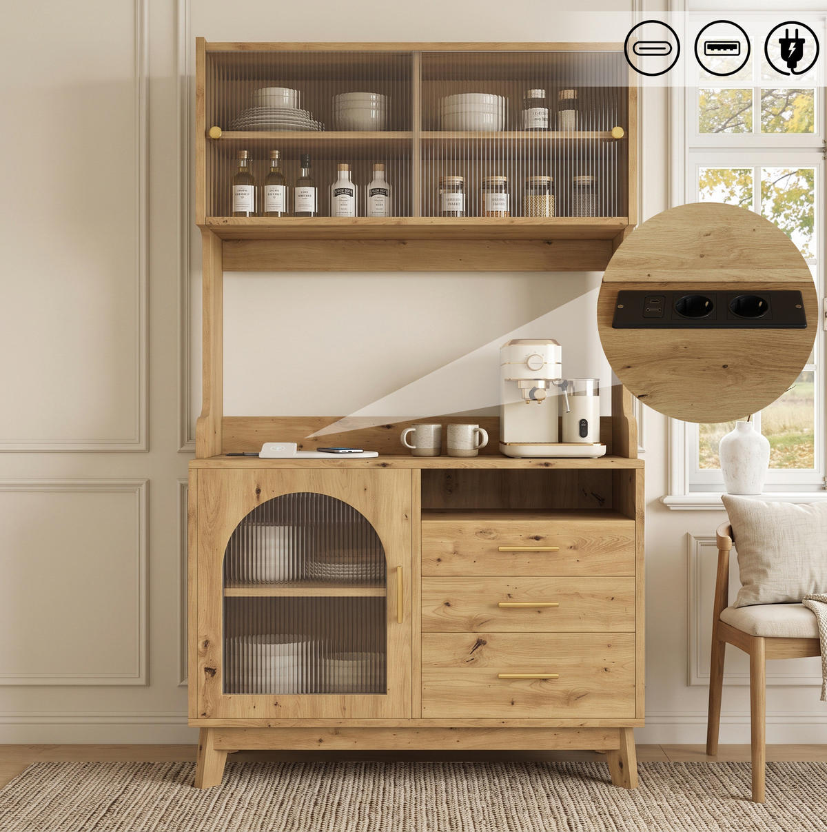 HOCHSCHRANK aus Spanplatte 100,5x40x178 cm Holzfarbe mit Steckdosen, USB-A- und USB-C-Anschluss - Eichefarben, Holzwerkstoff (100.5/178/40cm) - IVMEU