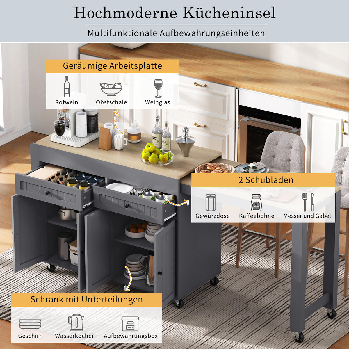 KÜCHENINSEL 112-180,5/45/92,2 cm grau/natur mit Ausziehplatte & Rollen - Grau, Holzwerkstoff (180.5/92.2/45cm) - OKWISH