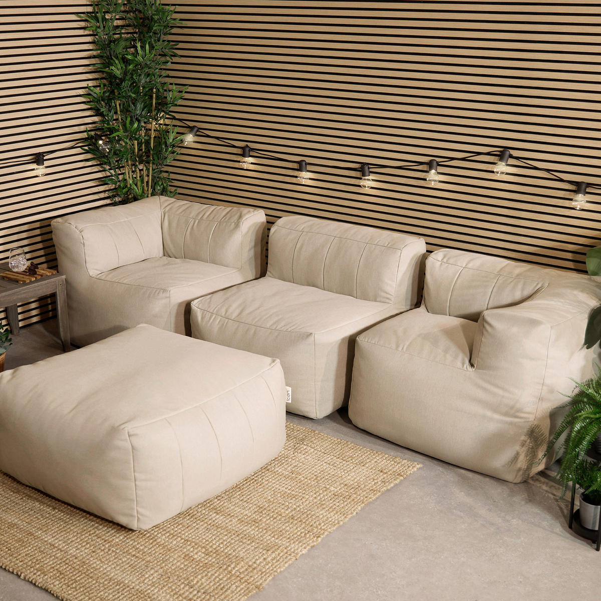 SITZSACK-SOFA Outdoor 4-tlg.: 2 Ecksessel, Sessel, Fußstütze - Beige, Textil (295/68/100cm) - icon