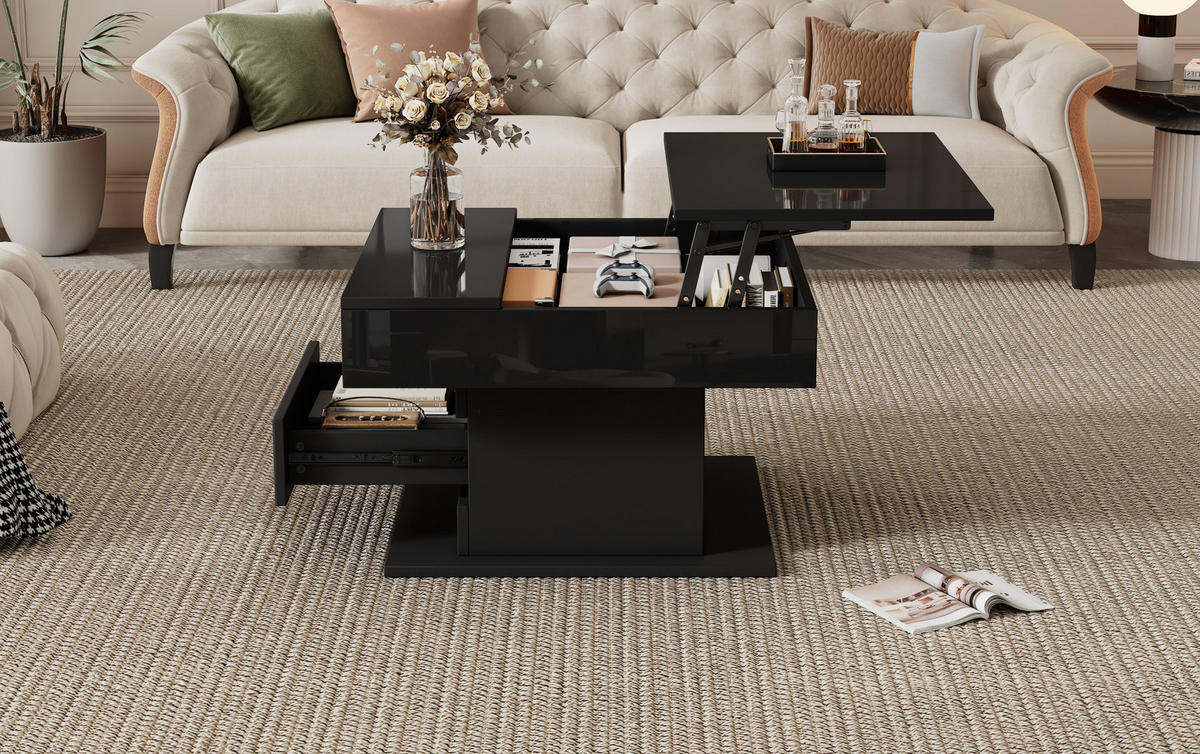 COUCHTISCH, drehbare Liftplatte, Hochglanz Schwarz, 1 Schublade & Stauraum, 70/70/45–59 cm,Schwarz - Schwarz, Holzwerkstoff (70/70/45cm) - Redom