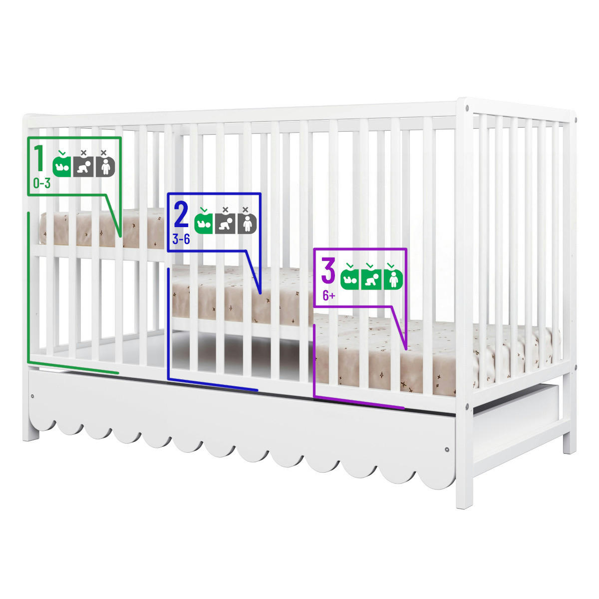 BABYBETT 2-IN-1 mit Schublade 60/120 cm Weiß - Weiß, Holz (60/120cm) - Lettino