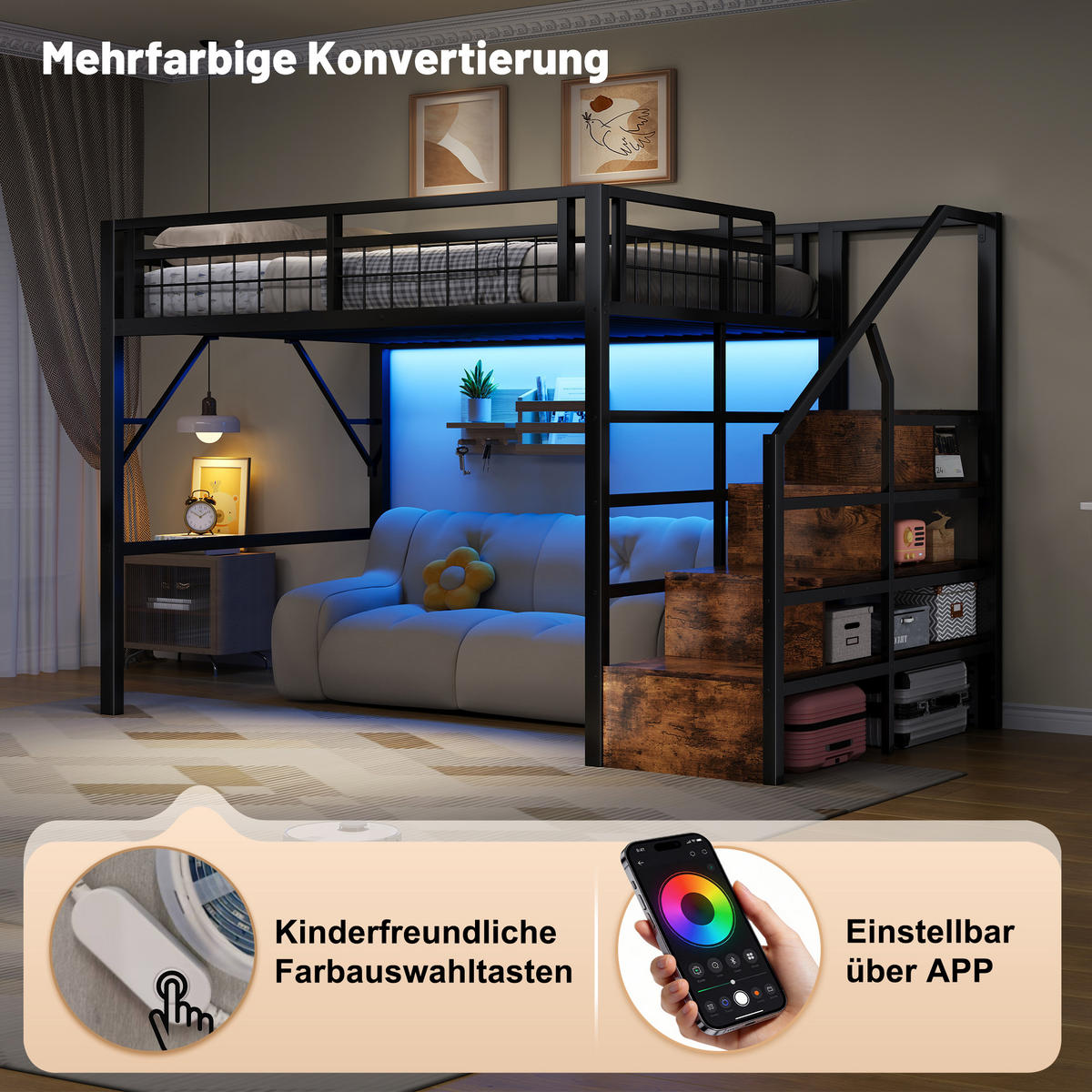 HOCHBETT 140/200 cm in Schwarz mit Stauraumtreppe und LED - Schwarz, Holzwerkstoff/Metall (140/200cm) - STILVORA