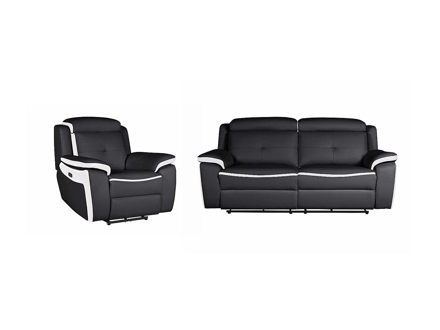 SOFAGARNITUR mit Relaxfunktion - 4 Personen - Leder - Schwarz, Weiß - - Schwarz/Weiß, Leder (207/103/97cm) - Vente-Unique