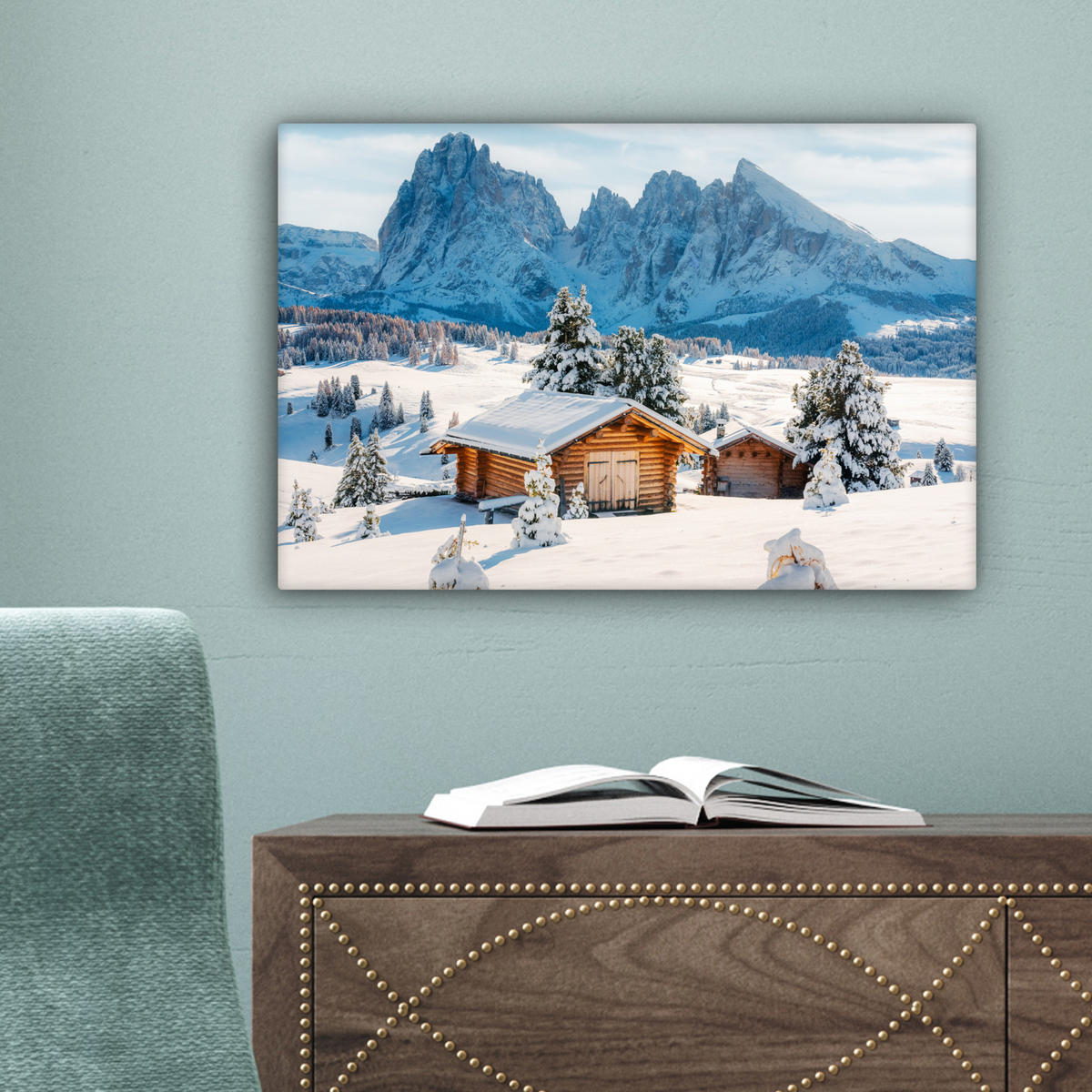 LEINWANDBILD Winter - Hütte - Berge - Aussicht - Schnee 30x20 cm - Eichefarben, Textil (30/20cm) - MuchoWow