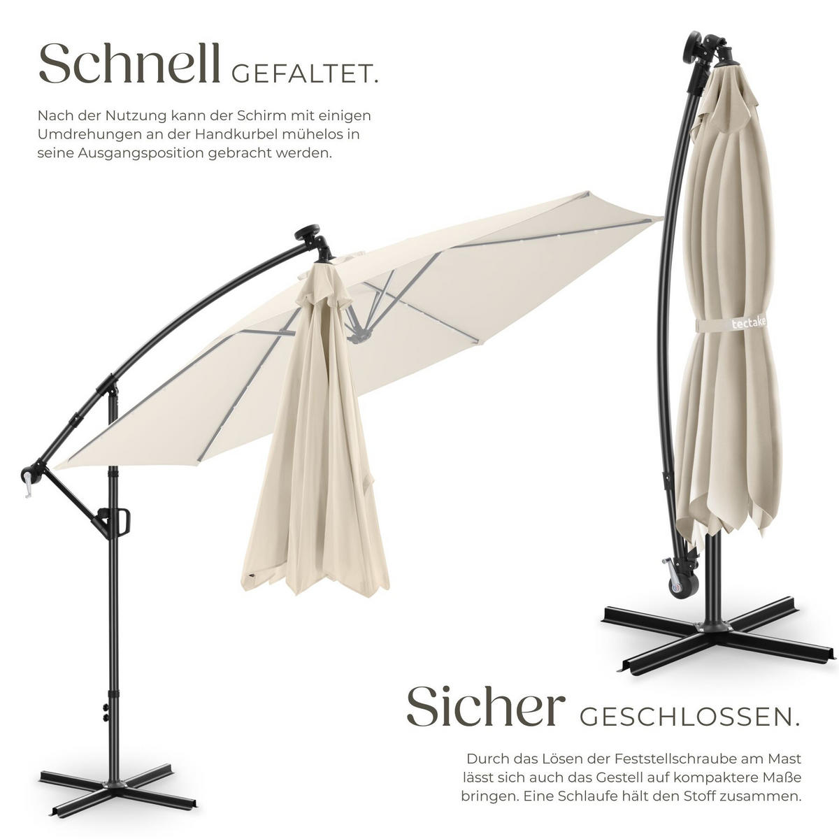 AMPELSCHIRM Artemis, mit LED Solar-Beleuchtung, inkl. Schutzhülle, beige - Beige, Metall (350/337cm) - tectake