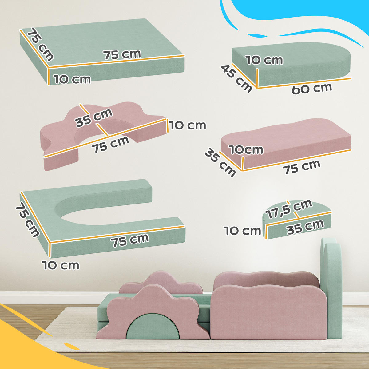 SCHAUMSTOFF Bausteine Kinder 12 Stück Klettern Softbausteine mit Bällebad Grün - Grün, Textil (75/75cm) - AIYAPLAY