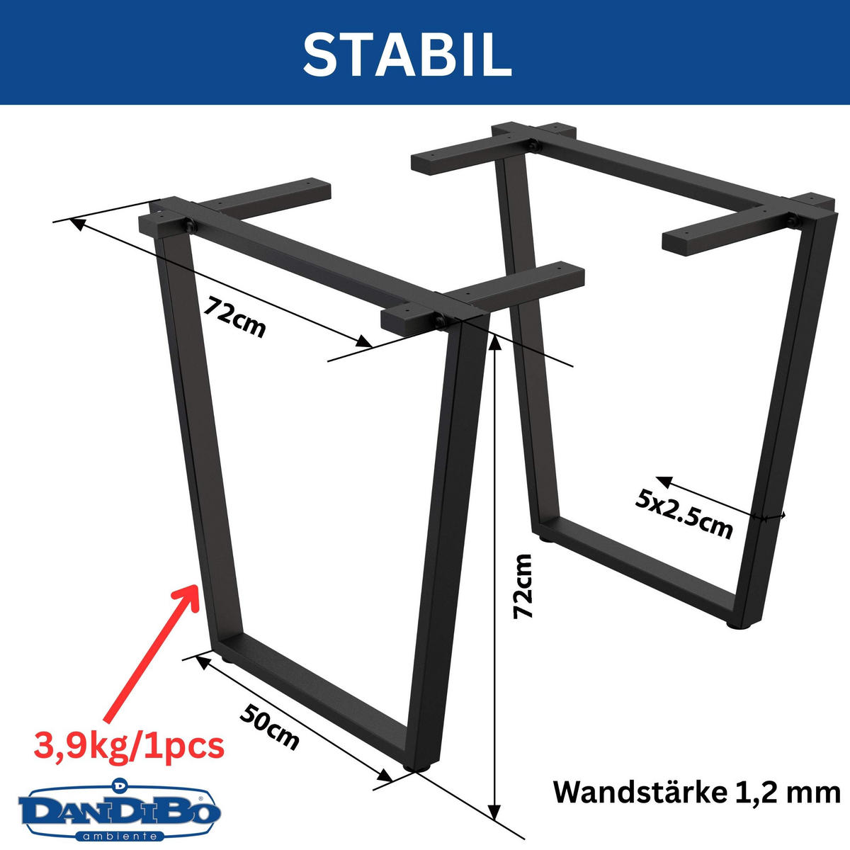 TISCHBEINE 2x Metall Schwarz 72 x 72 cm Tischgestell Höhenverstellbar - Schwarz, Metall (50/72/5cm) - DanDiBo