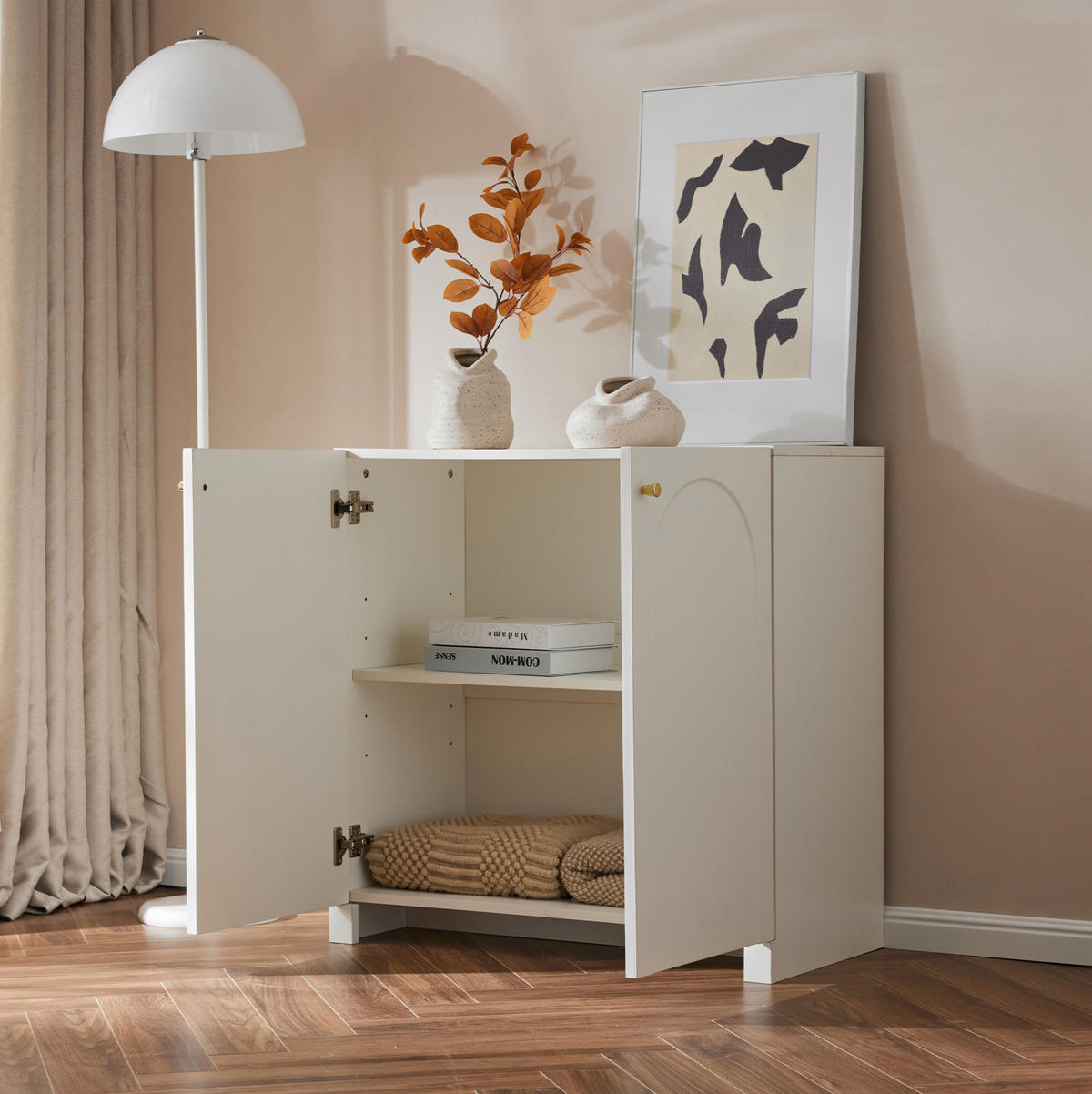 KOMODA 80/40/80 cm s 2 vrata, lučnim uzorkom i zlatnim ručkama, Bijela - bijela, drvni materijal (80/80/40cm) - Redom