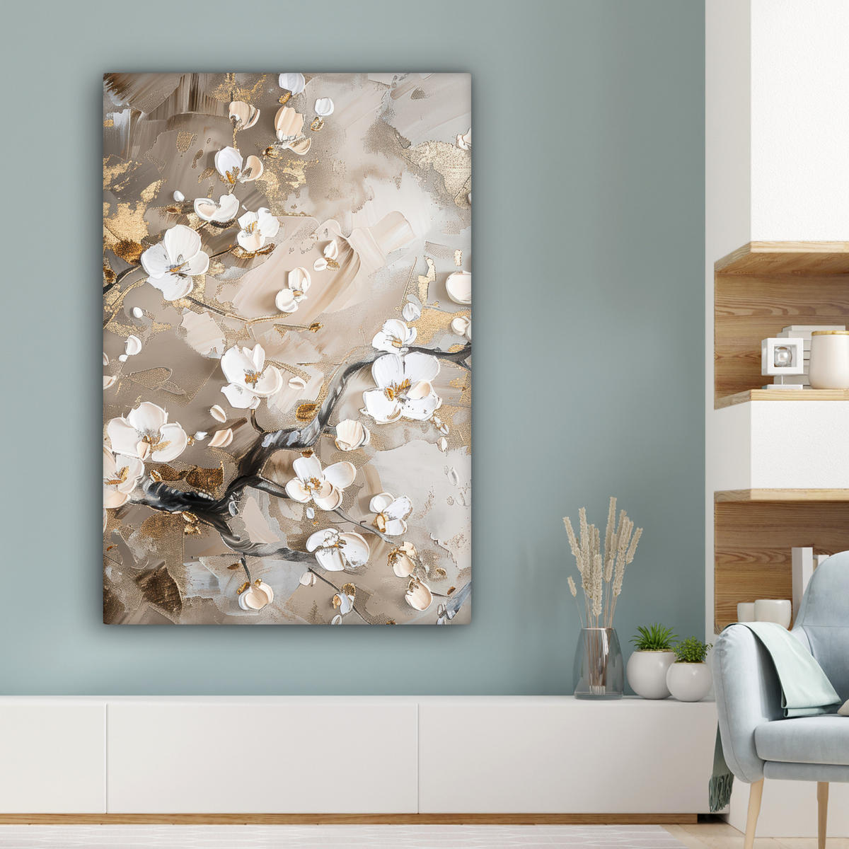 LEINWANDBILD - Blumen - Weiß - Gold - Beige - Luxus - 80x120 - Wanddeko - Greige, Textil (80/120cm) - MuchoWow