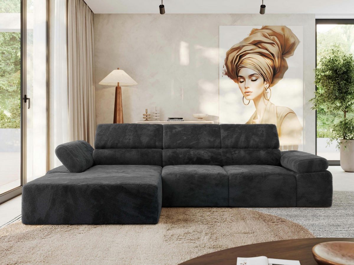 ECKSOFA RILASSO L Dunkelgrau Plüsch - links - Dunkelgrau/Schwarz, Kunststoff/Textil (296/174cm) - MKS