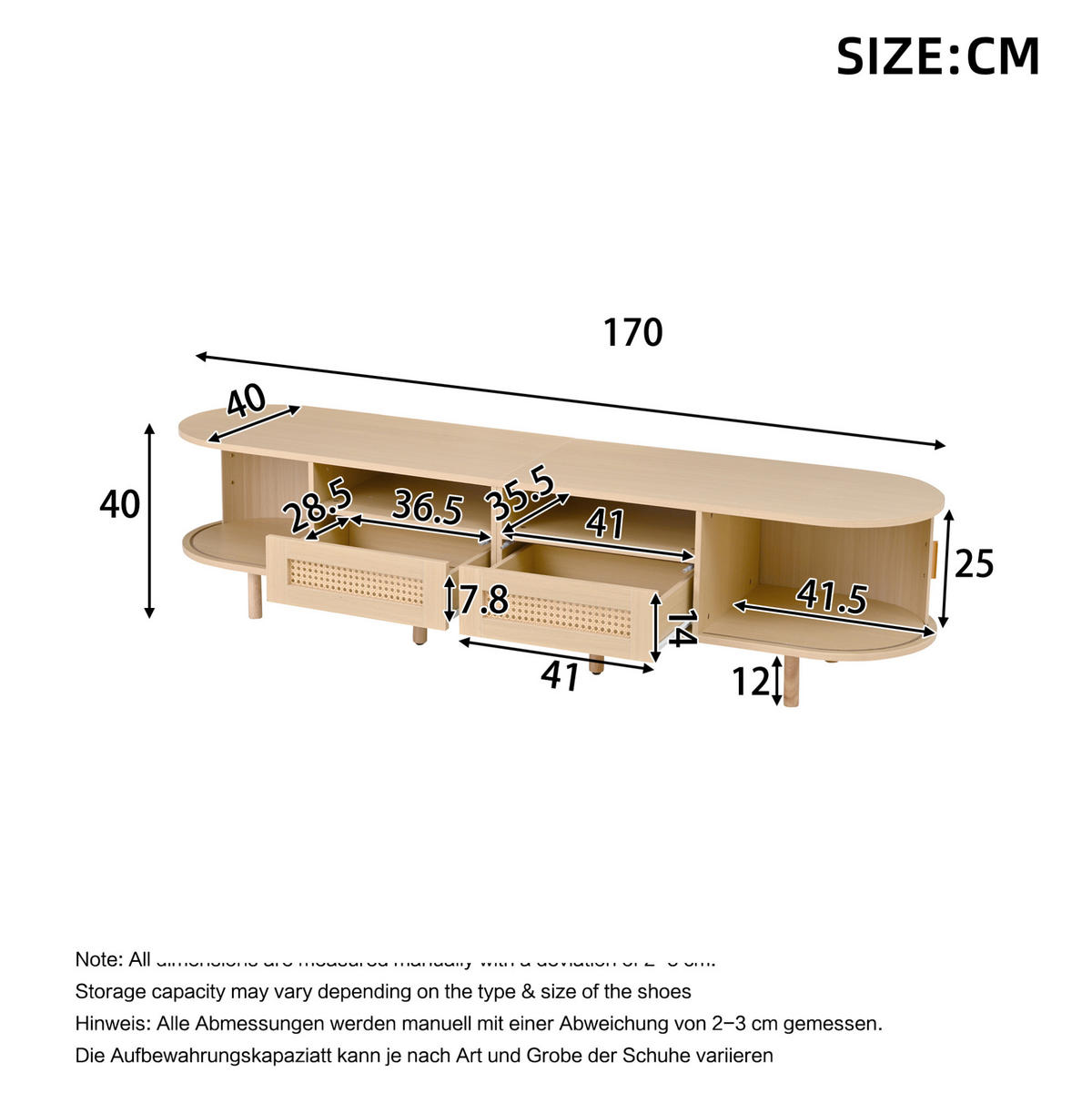 TV stolek 170/40/40 cm se 2 zásuvkami, 2 posuvnými dvířky a ratanovým dekorem, světlý dub - přírodní, kompozitní dřevo (170/40/40cm) - Redom