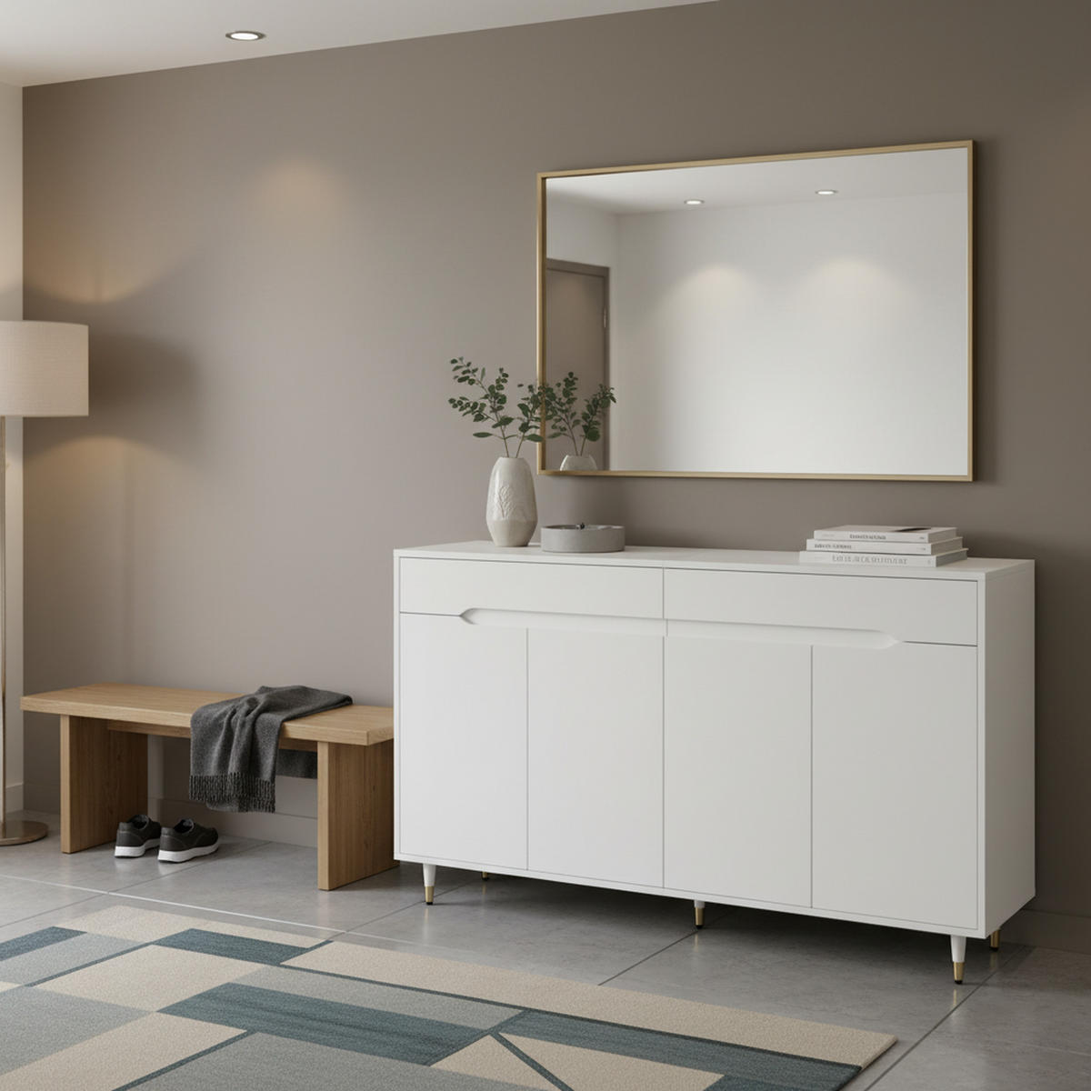 SIDEBOARD 2 Türen, 2 Schubladen, Goldene Beine Platz für 18–24 Paar Schuhe, Verstellbare Regale, Weiß - Weiß, Holzwerkstoff (140/84/39cm) - Urban Meuble
