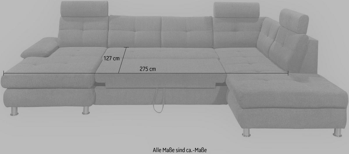 WOHNLANDSCHAFT mit Schlaffunktion, Bettkasten und verstellbaren Arm- und Kopflehnen - Chromfarben/Grün, Textil/Metall (233/88/349cm) - ed exciting design