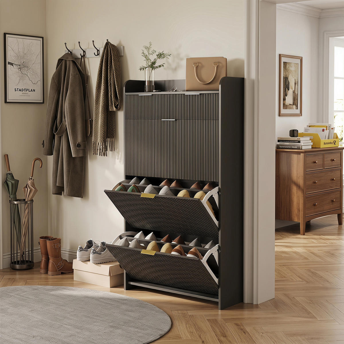 SCHUHSCHRANK mit 3 Fächern und 2 Schubladen, Eingangsmöbel, Schwarz - Schwarz, Holz (24/133/77cm) - GENKI LIVING