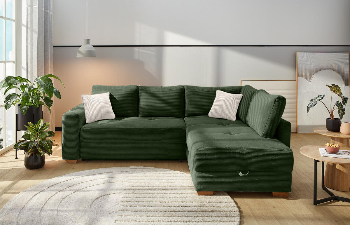ECKSOFA-DAUERSCHLÄFER Boxspring Federkern Topper Bettkasten, seitenverkehrt montierbar B257/T206/H85 cm, Cord Grün / 15213 - Eichefarben/Grün, Holz/Textil (257/206cm) - luma-home