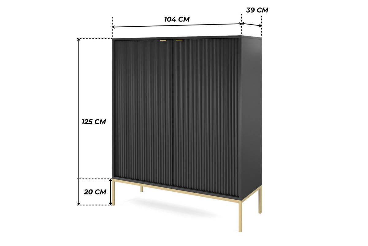 SCHWARZE Moderne Geriffelte Hochkommode KIOTO KW2D (Gold Gestell, Soft-Close Türen) - Goldfarben/Schwarz, Holz/Holzwerkstoff (104/125/39cm) - Ravio
