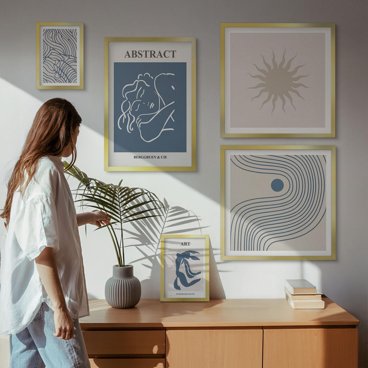 WANDBILDER 5er Set - 50x50 cm & 20x30 cm & 40x60 cm Goldrahmen - Matisses stilvolle abstrakte Muster - Goldfarben, Kunststoff (40/60cm) - ArtPrintCave