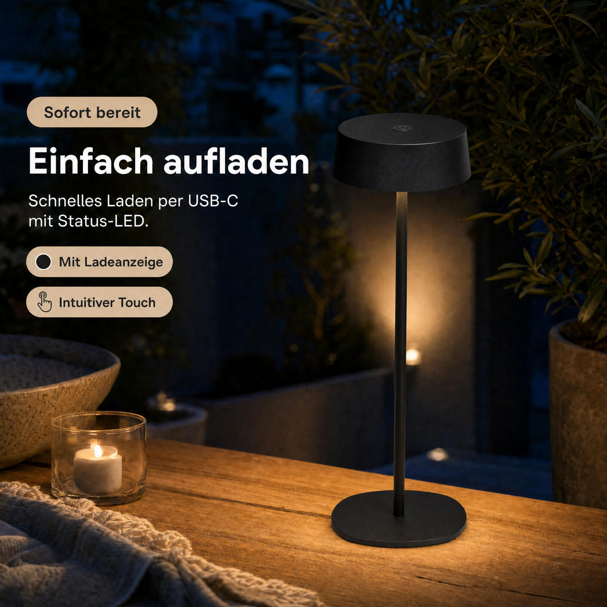 LED-TISCHLEUCHTE - dimmbar, kabellos, IP54, Metallgehäuse, für Innen- und Außenbereich, schwarz, höhenverstellbar - Schwarz, Metall (13.5/13.5/36cm) - Northpoint