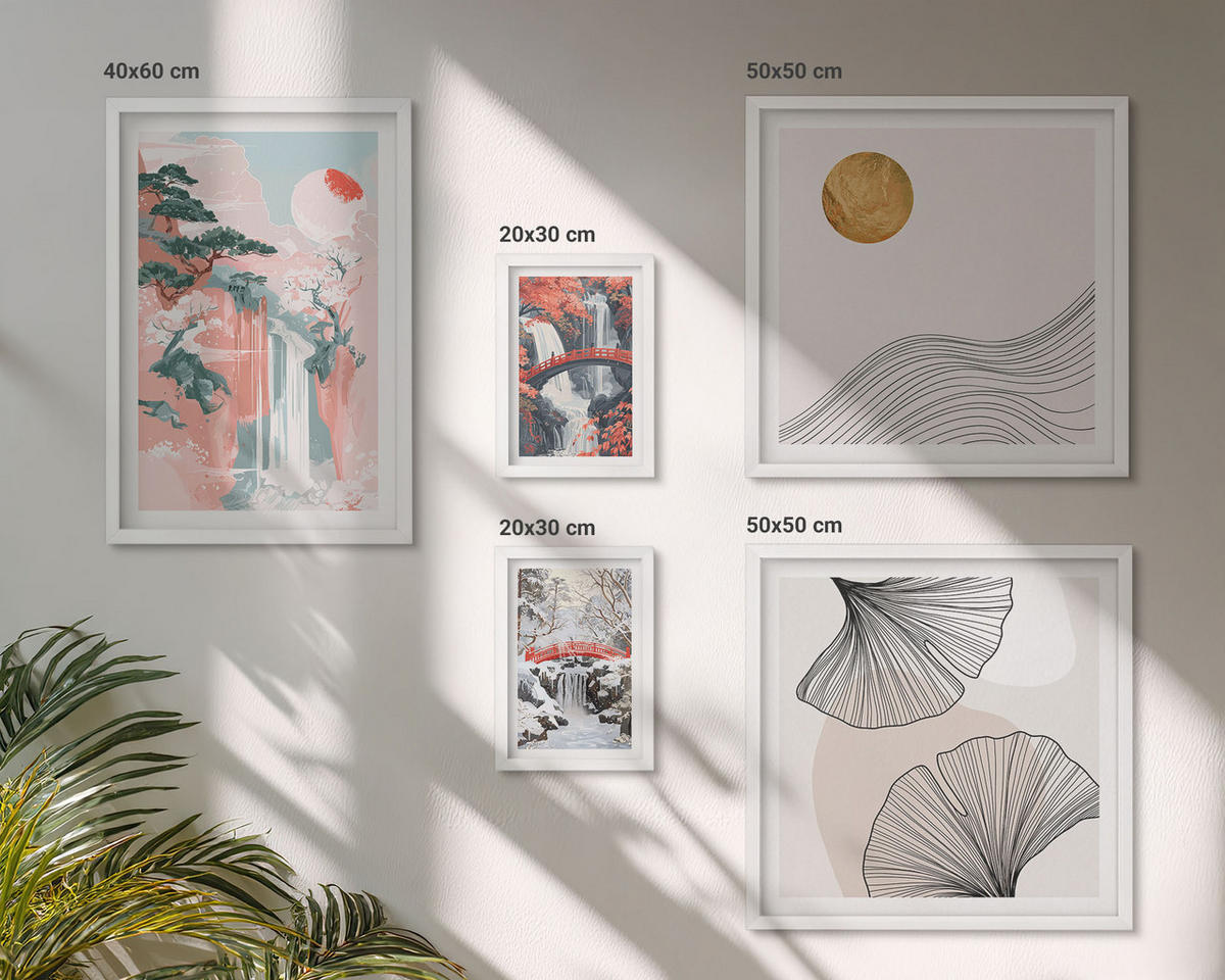 WANDBILDER 5er-Set - 50x50 cm & 20x30 cm & 40x60 cm Weißer Rahmen - Wasserfälle, Brücken, Bäume, Jahreszeiten - Weiß, Kunststoff (40/60cm) - ArtPrintCave