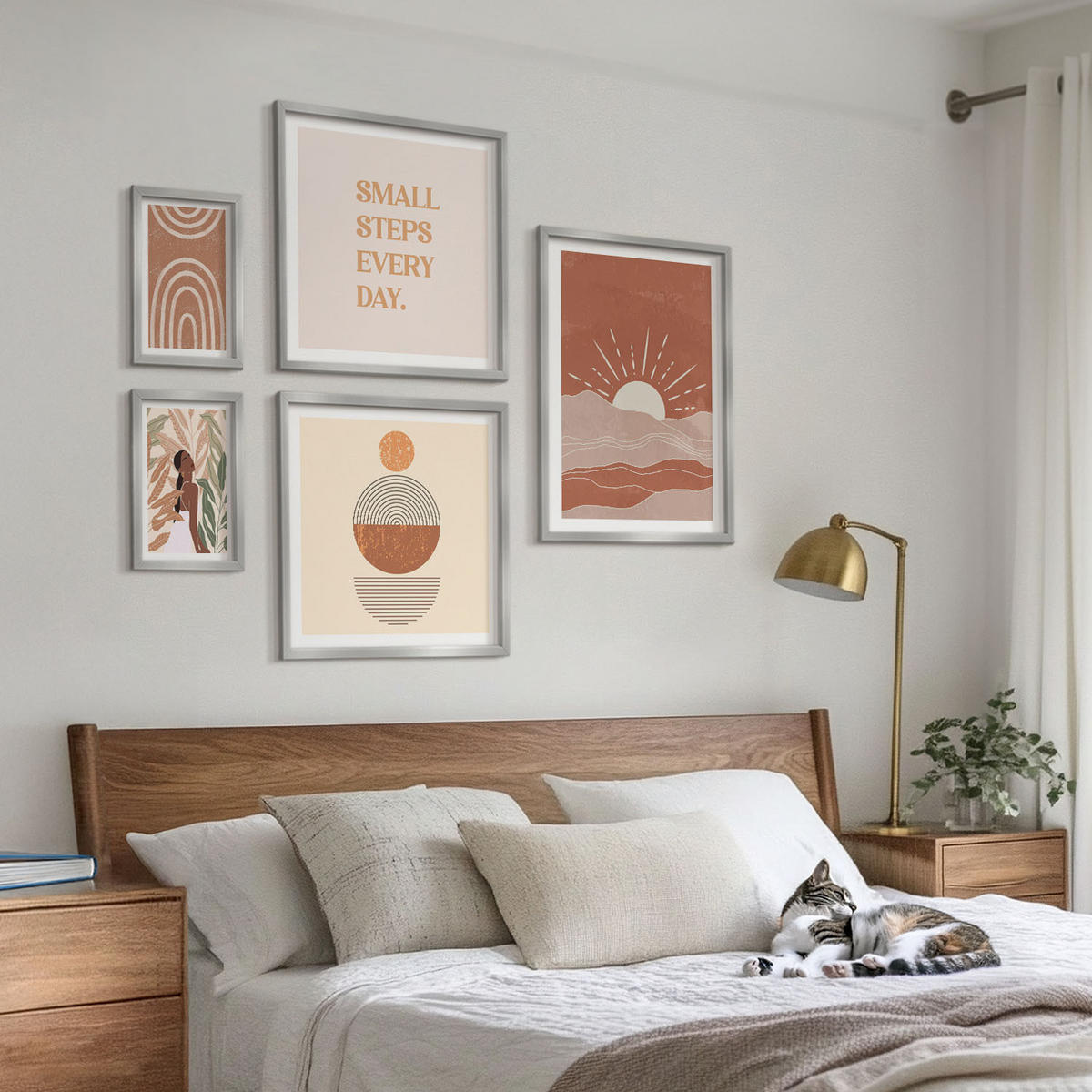WANDBILDER 5er Set - 50x50 cm & 20x30 cm & 40x60 cm Silberner Rahmen - Ein entspannter Buddha am Strand - Silberfarben, Kunststoff (40/60cm) - ArtPrintCave