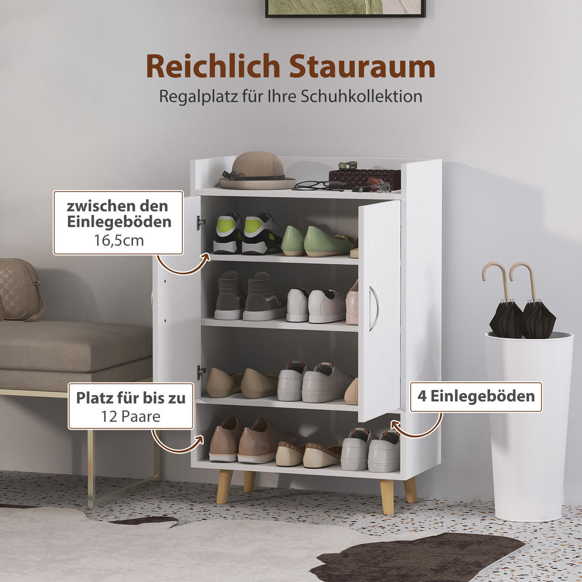SCHUHSCHRANK, für 12 Schuhe, 60 x 30 x 92 cm, Weiß - Weiß, Holzwerkstoff (60/92/30cm) - HOMCOM