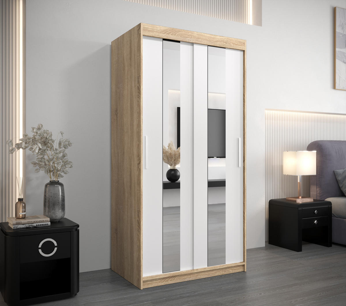 SCHWEBETÜRENSCHRANK 200/100/62 2-türig - Silberfarben/Weiß, Holz/Kunststoff (100/200/62cm) - Abiks Möbel