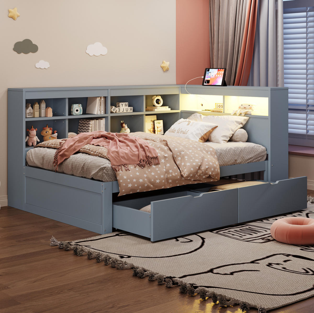 MULTIFUNKTIONSBETT 90/200 cm Grau mit Ablagefächern und USB-Steckdose mit LED-Beleuchtung - Grau, Holzwerkstoff (90/200cm) - OKWISH