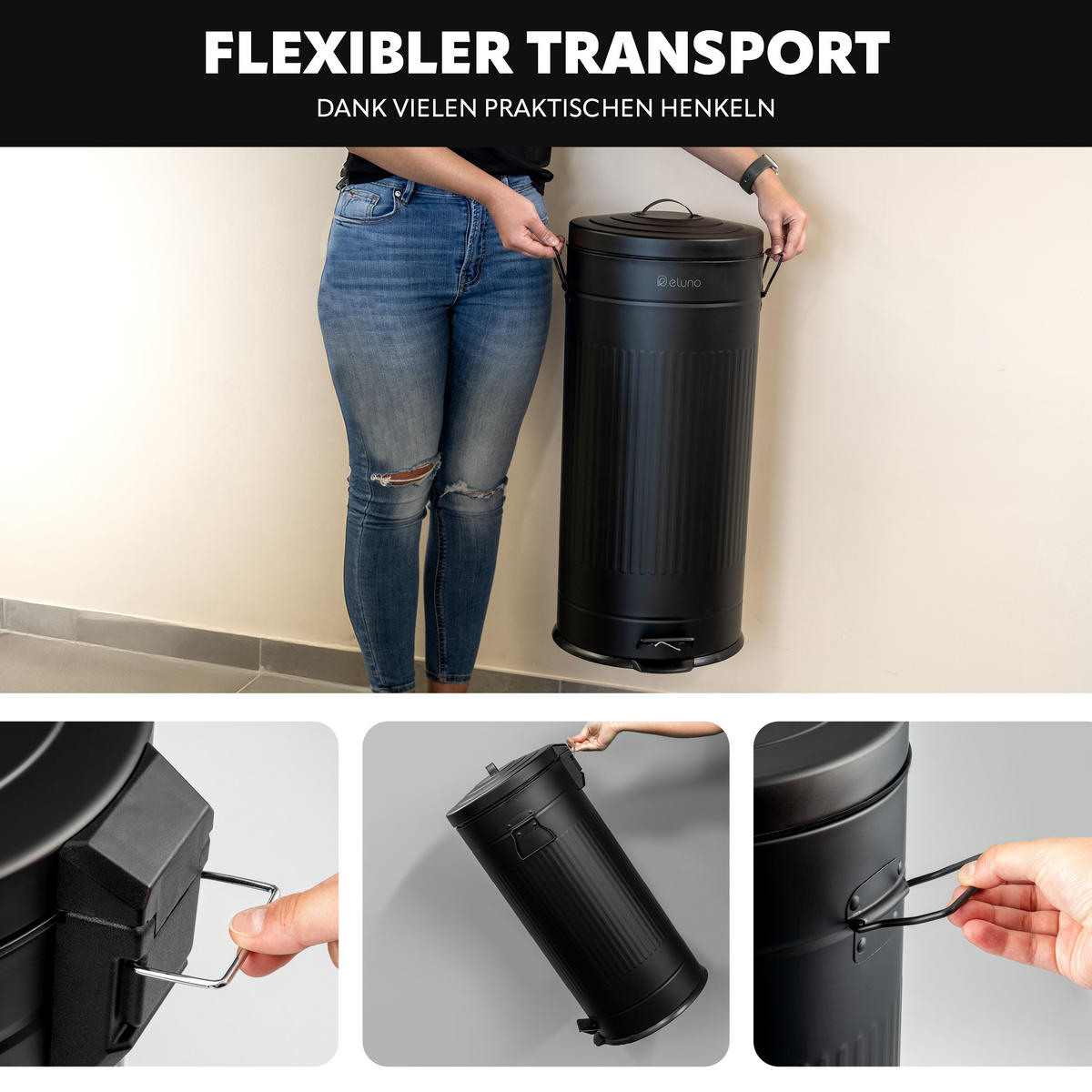 ABFALLEIMER Treteimer VINTAGE, 30 Liter, aus Metall, schwarz - Schwarz, Metall (30.5/68.5/36cm) - eluno