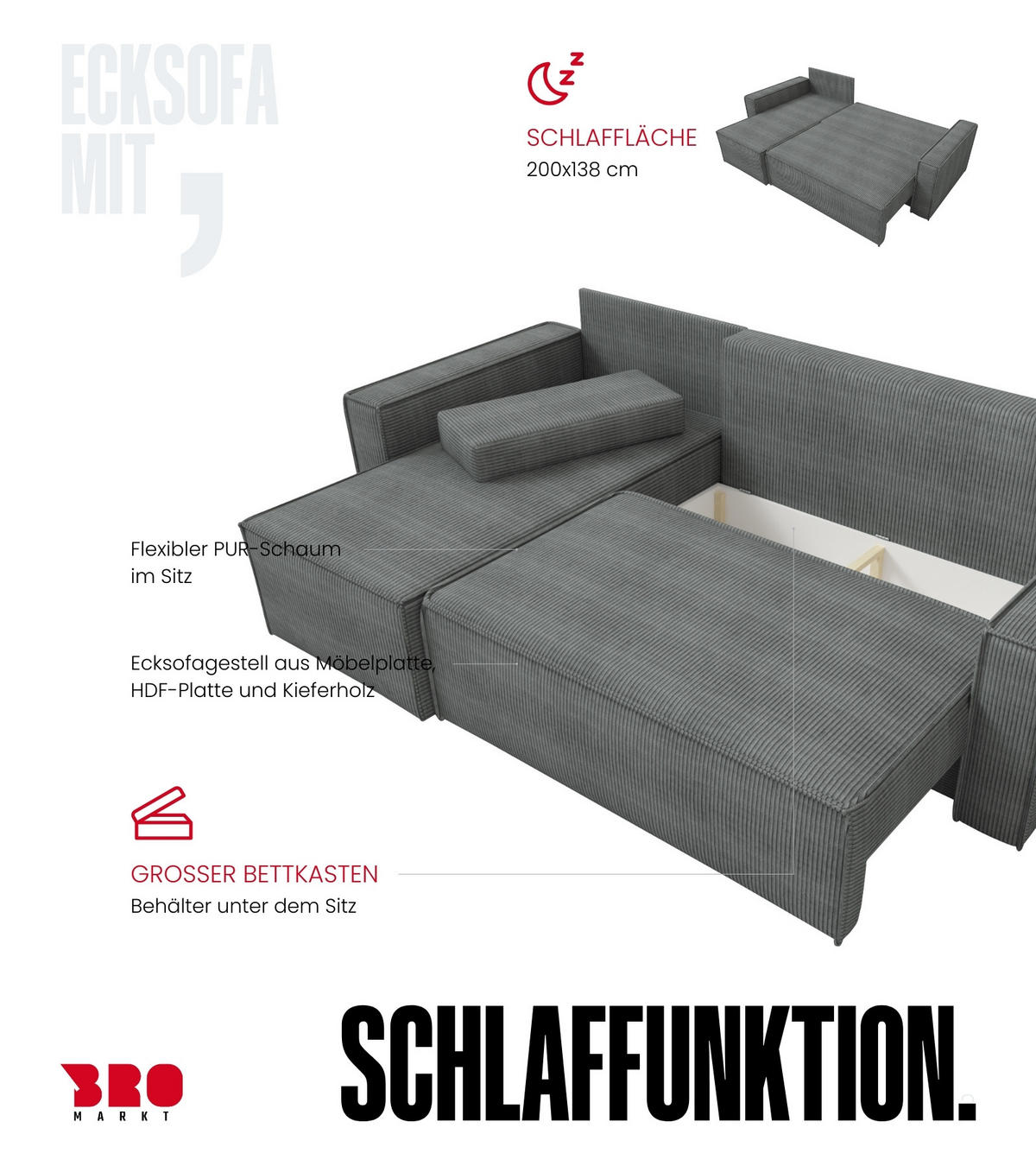 ECKSOFA Dexter mit Schlaffunktion Grau Cord - Grau, Textil (238/141cm) - Bromarkt