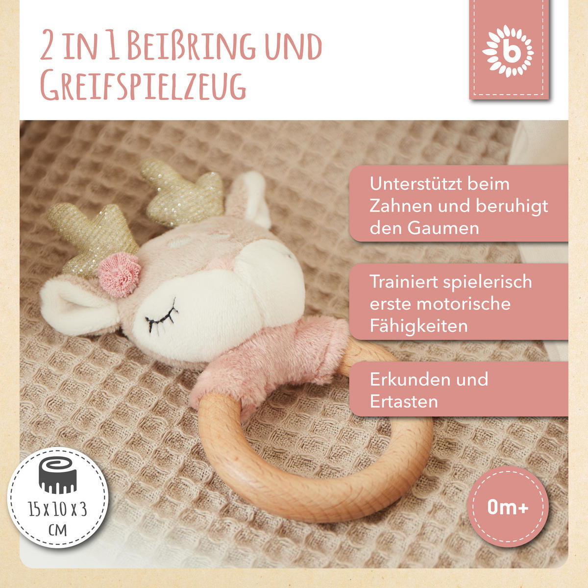 GREIFLING Holz Natur Reh - Rosa, Textil (10/15cm) - Bieco Spielwaren