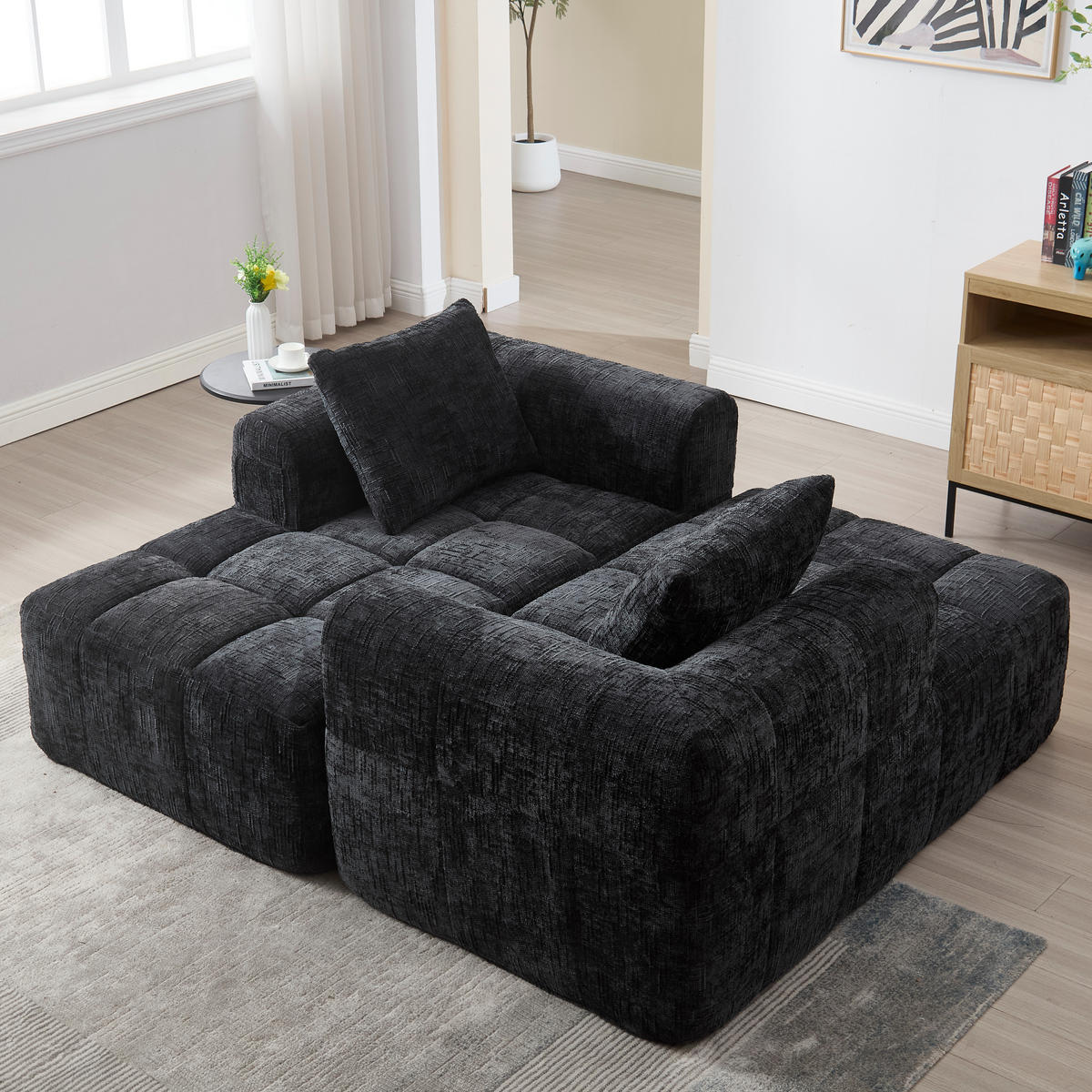 RÉCAMIERE Chenille Schwarz mit Seitentaschen und Kissen - Schwarz, Textil (158/60/90cm) - WISHDOR