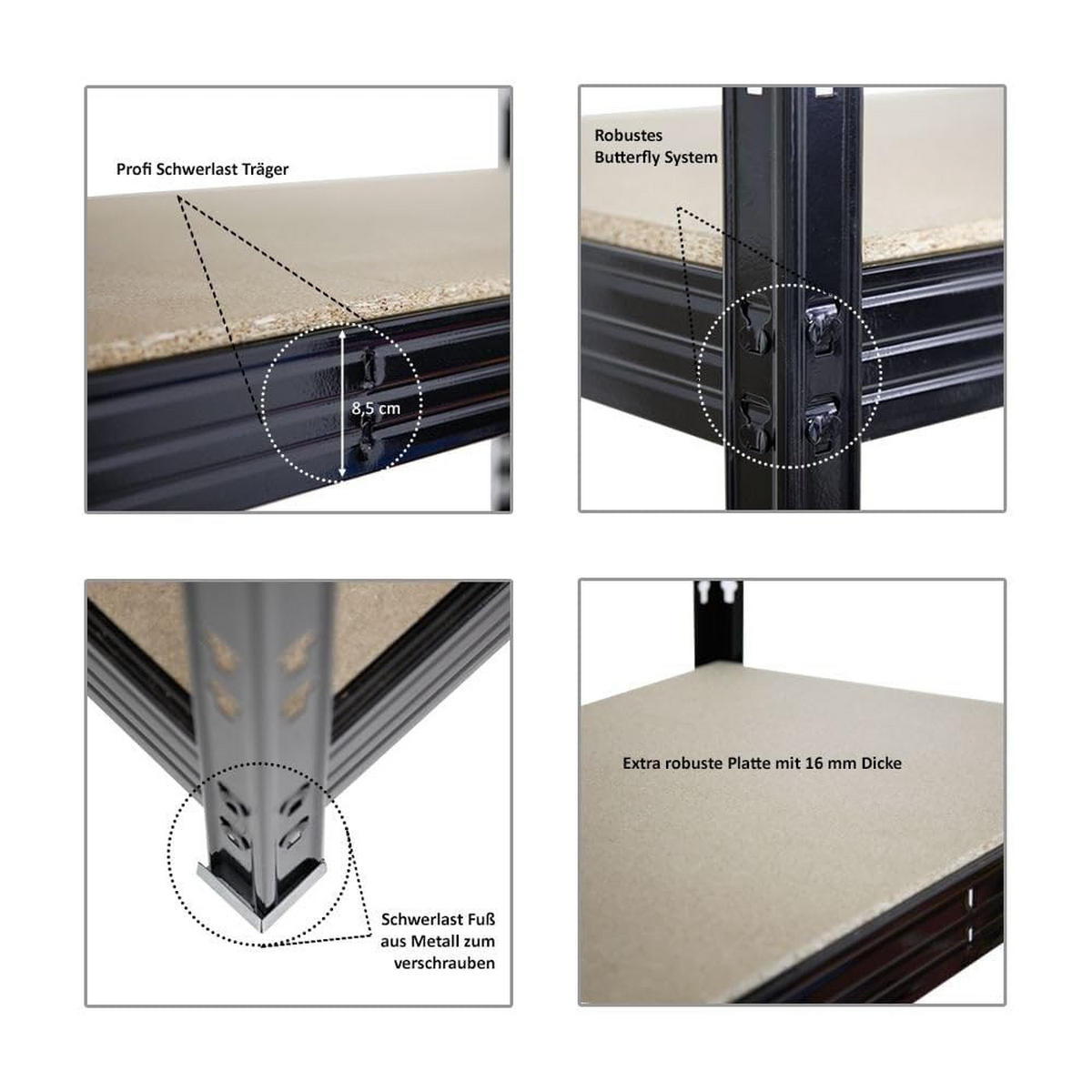 SCHWERLASTREGAL Rhino 3er-Set mit 3x 180x160x60 cm 4 Spanplatten-Ebenen 16mm Fachlast 500 kg Schwarz - Schwarz, Metall (480/180/60cm) - PROREGAL