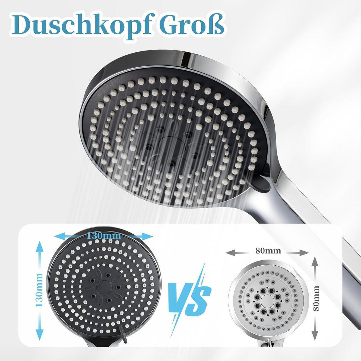 HANDBRAUSE Set mit 6 Strahlarten und 1,6m Schlauch - Silberfarben, Metall (5.5/12.7/23cm)