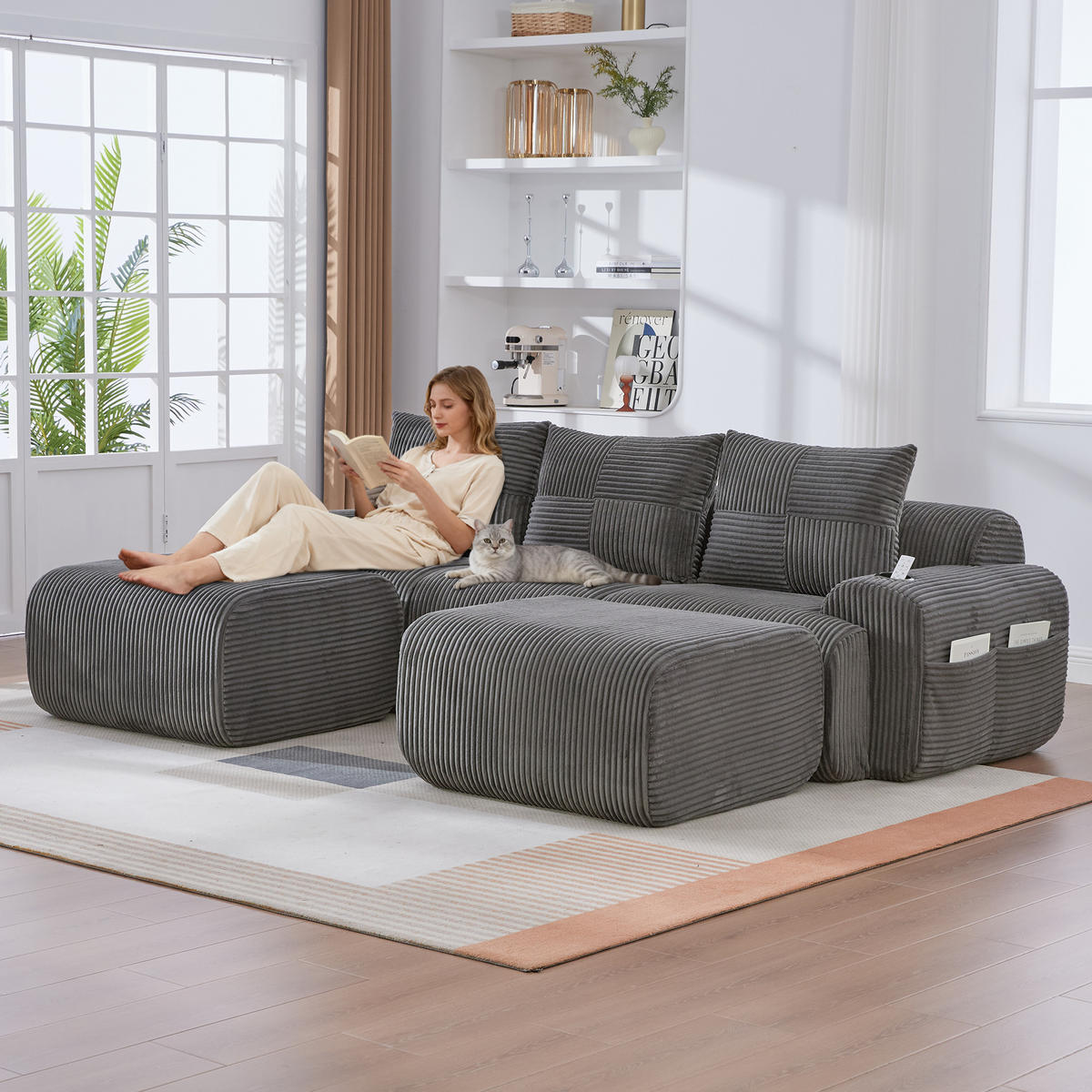 WOHNLANDSCHAFT Cord Dunkelgrau mit Becherhalter, Aufbewahrungstasche und mit Hocker - Dunkelgrau, Textil (268/80/174cm) - WISHDOR