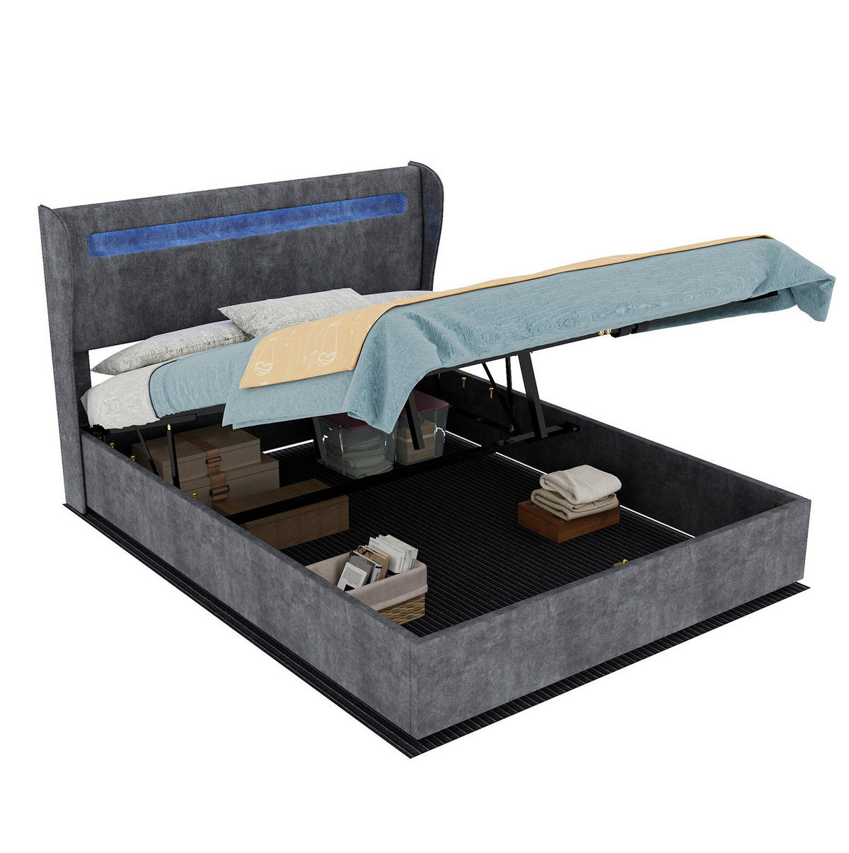 POLSTERBETT 140/200 cm mit LED-Beleuchtung, verstellbarem Kopfteil und Bettkasten, Grau - Grau, Textil (140/200cm) - Redom