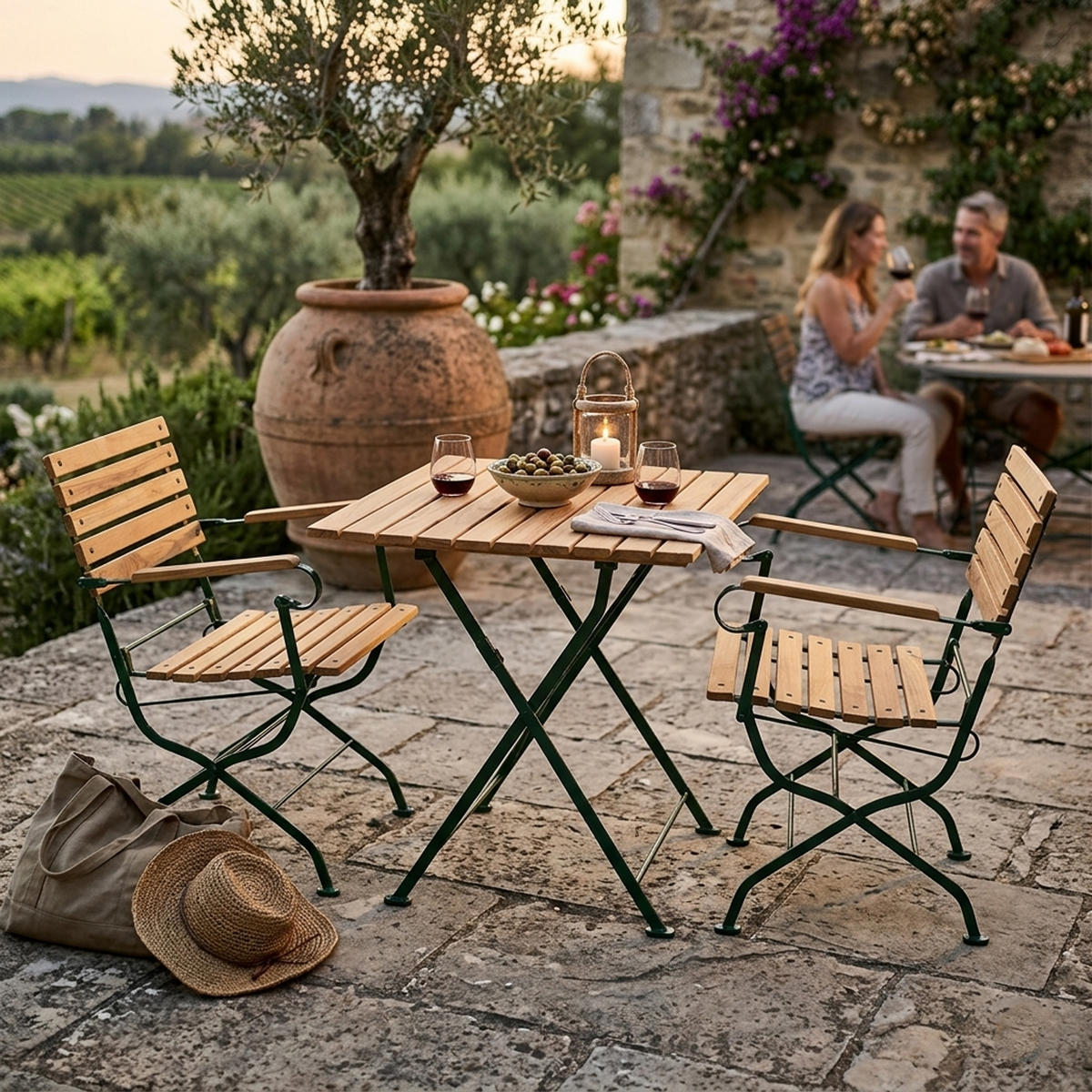SITZGRUPPE Bad Belzig - 3-teilig, Gartenmöbel Set Flachstahl verzinkt dunkelgrün + Robinie - Grün, Holz - TPFGarden