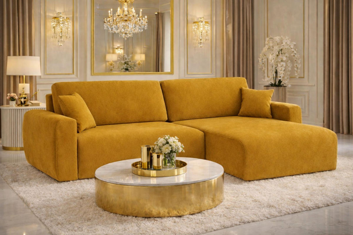 ECKSOFA Mit Schlaffunktion Ariel L, Velours, Stoff Salvador, Gelb, Rechts - Gelb, Holz (250/142cm) - Kaiser Möbel