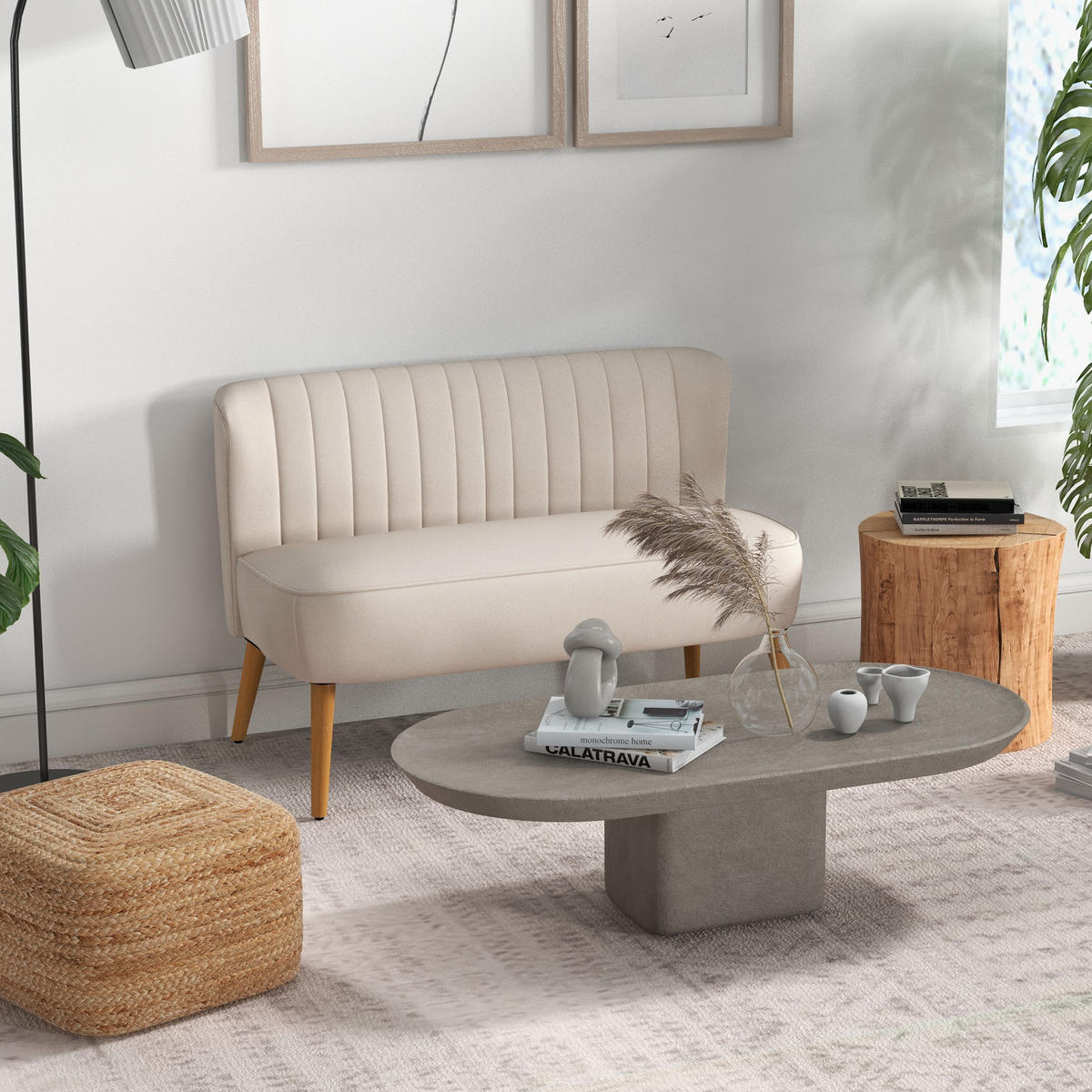 2-SITZER Sofa Zweisitzer, Loveseat mit Leinenoptik, Doppelsofa mit Holzbeine - Creme/Naturfarben, Holz/Textil (56.5/77/117cm) - HOMCOM