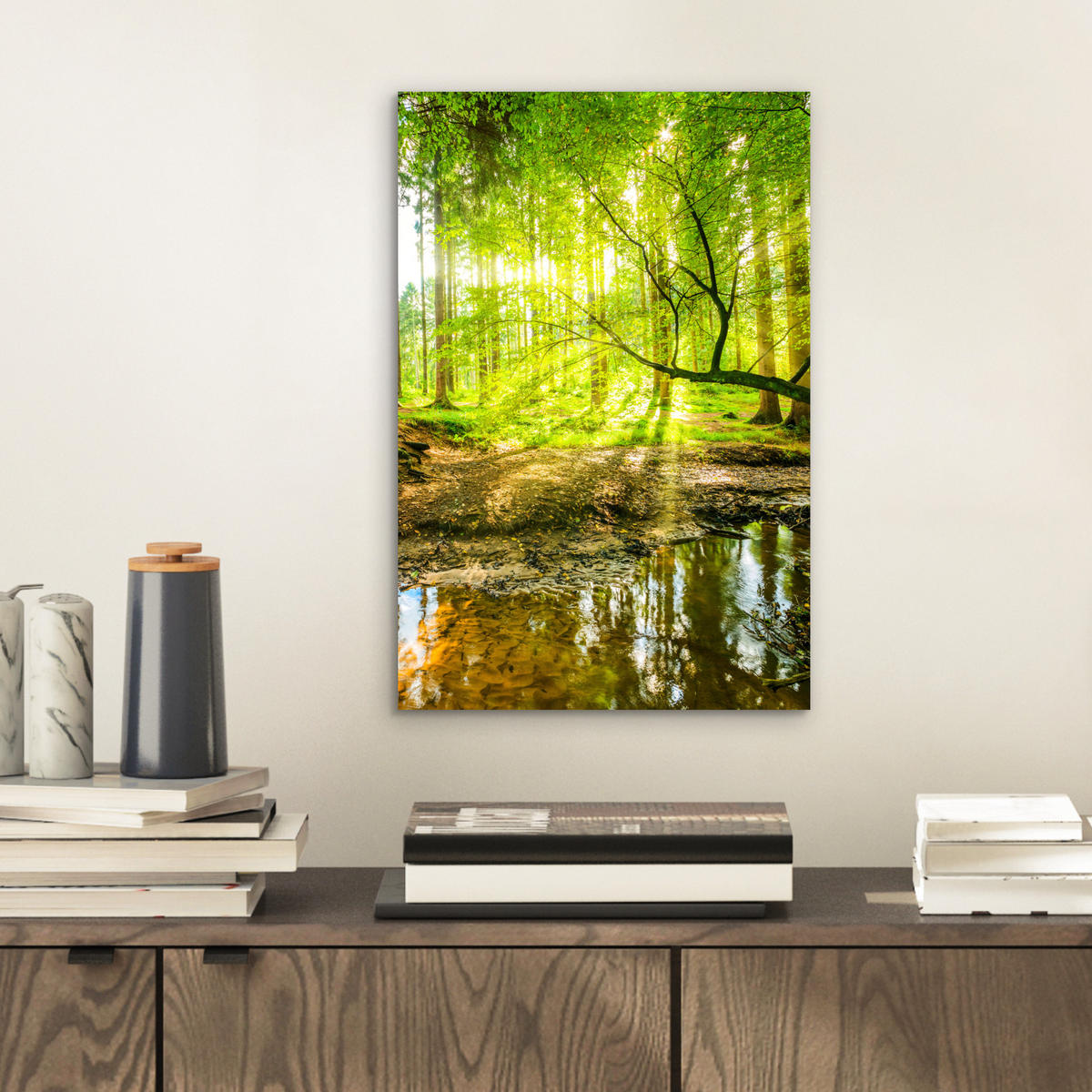 METALLBILD Wald - Landschaft - Wasser - Bäume - Sonne - Grün - Natur 20x30 cm - Grün, Metall (20/30cm) - MuchoWow
