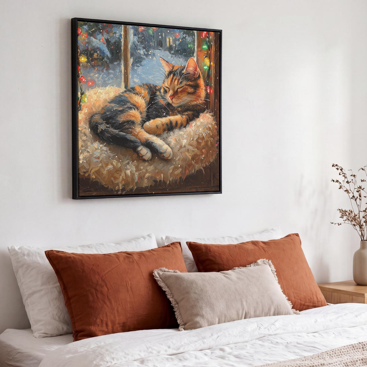 LEINWAND Bilder mit Rahmen - Katze - Weihnachten - Winter - Tier - 50x50 - Bernsteinfarben, Textil (50/50cm) - MuchoWow