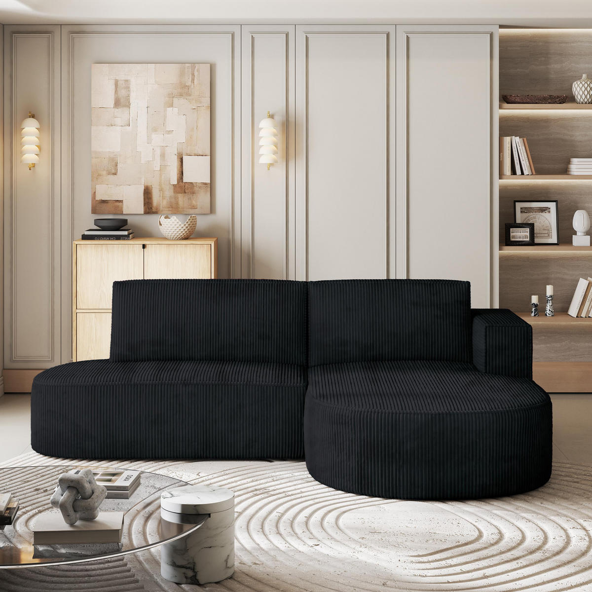 ECKSOFA CORTIO P R-S Schwarz Kordstoff mit Schlaffunktion - Schwarz, Holz (265/174cm) - MASSENO